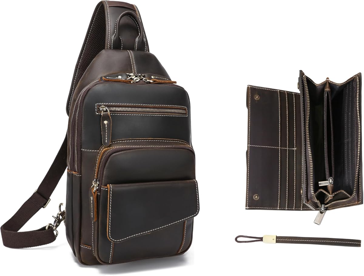 LANNSYNE Vintage Full Grain Leather Sling Bag Causal Crossbody Chest Daypack For Hiking/Travel Fits 11