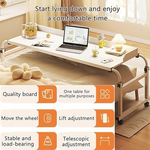 Foldable Desk Table,Over Bed Laptop Trolley Desk Overbed Medical Table Over Chair Table with Wheels Small Overbed Table Adjustable Height with Wheels(Color:White+)