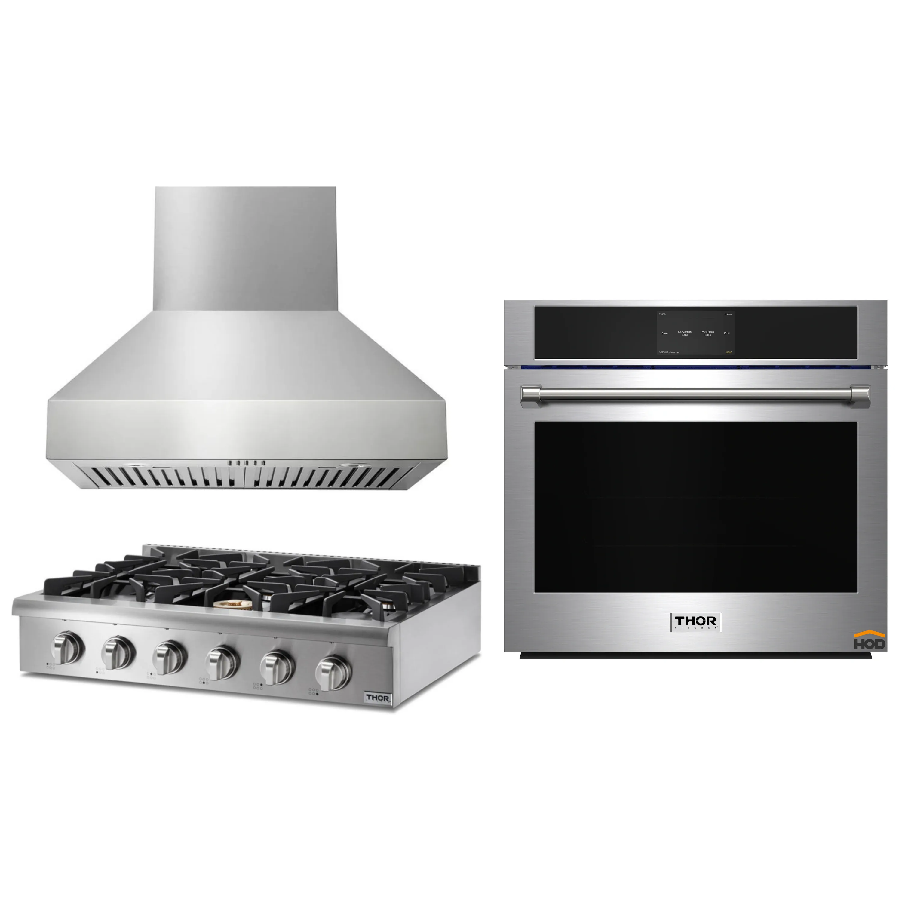 Thor Kitchen 3-Piece Pro Appliance Package - 36-Inch Rangetop, Electric Wall Oven & Pro-Style Wall Mount Hood in Stainless Steel
