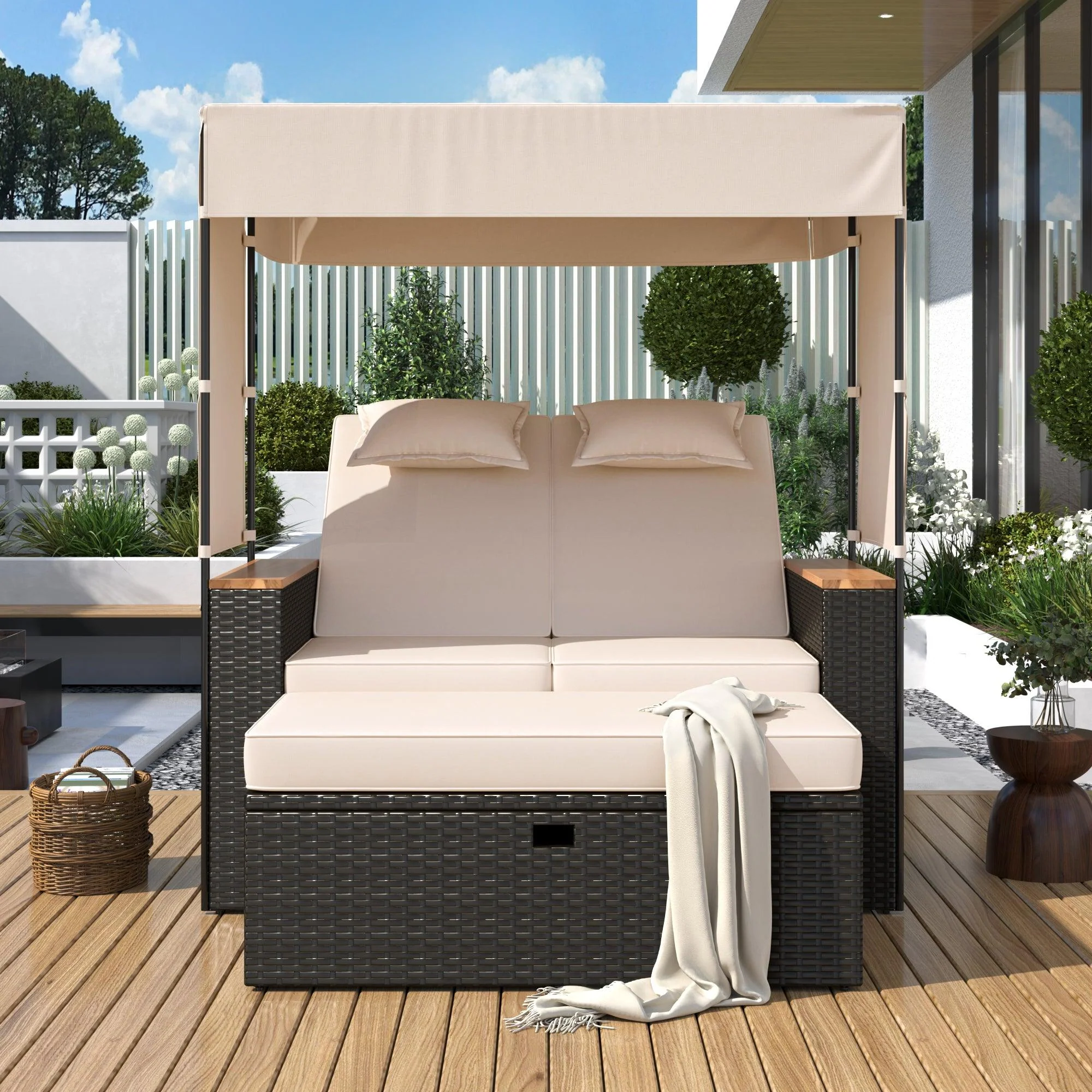 Parrot Uncle 2-Piece Outdoor Rattan Daybed with Bench Lounge Roof Set and Cushions for Poolside, Backyard and Garden