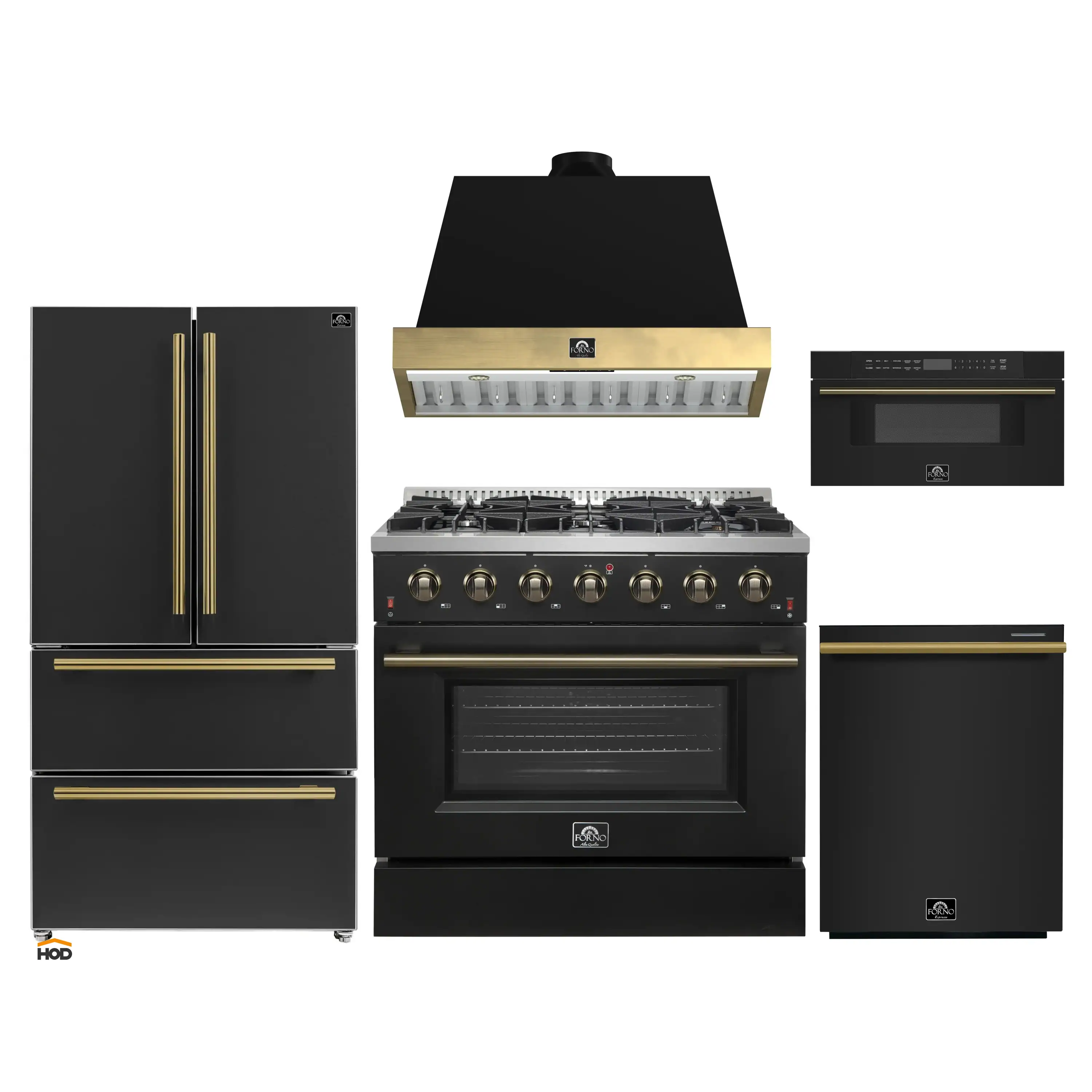 Forno Galiano 5-Piece Appliance Package - 36-Inch Gas Range, 36-Inch Hood, 36-Inch Refrigerator, 24-Inch Dishwasher, & 30-Inch Microwave Drawer in Black with Antique Brass Trim