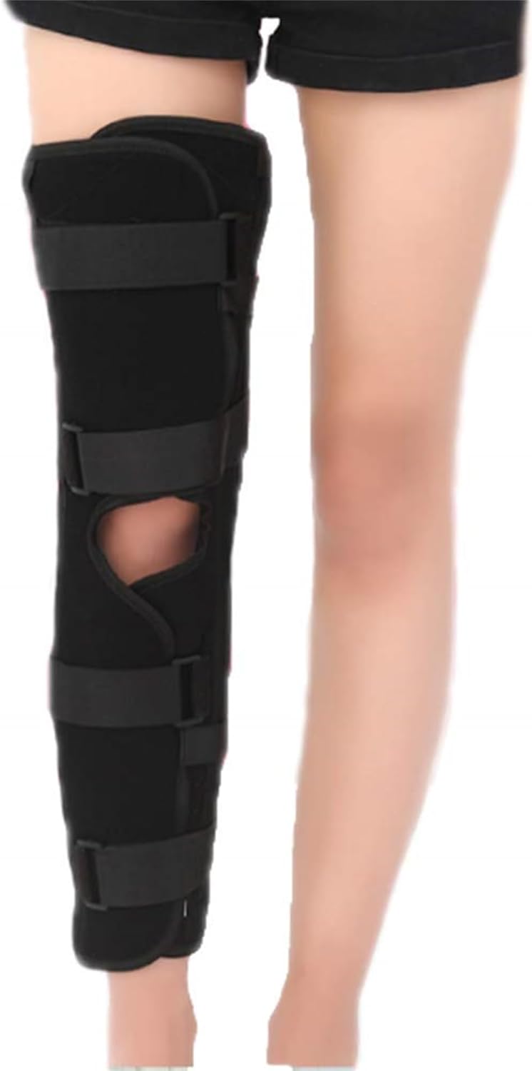 Knee Immobilizer, Adjustable Knee Immobilizer Comfortable Knee Support Splint Brace Full Leg Brace Stabilizer with Four Straps, for Post OP Patella Injury Osteoarthritis,Black-L