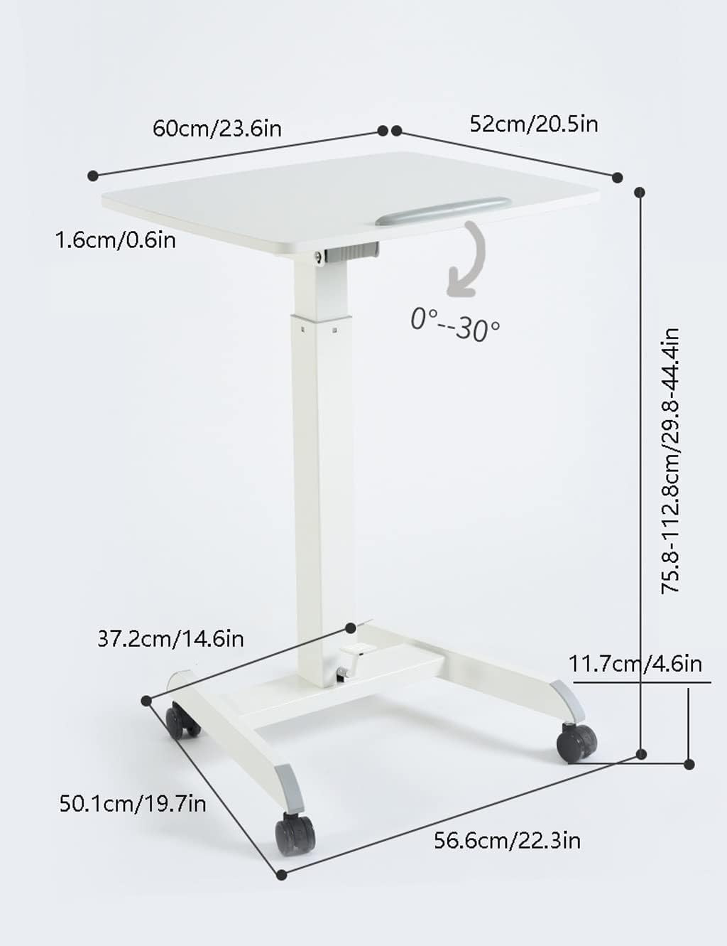 Medical Adjustable Overbed Bedside Table with Wheels Pneumatic Mobile Laptop Computer Standing Desk for Hospital and Home Use