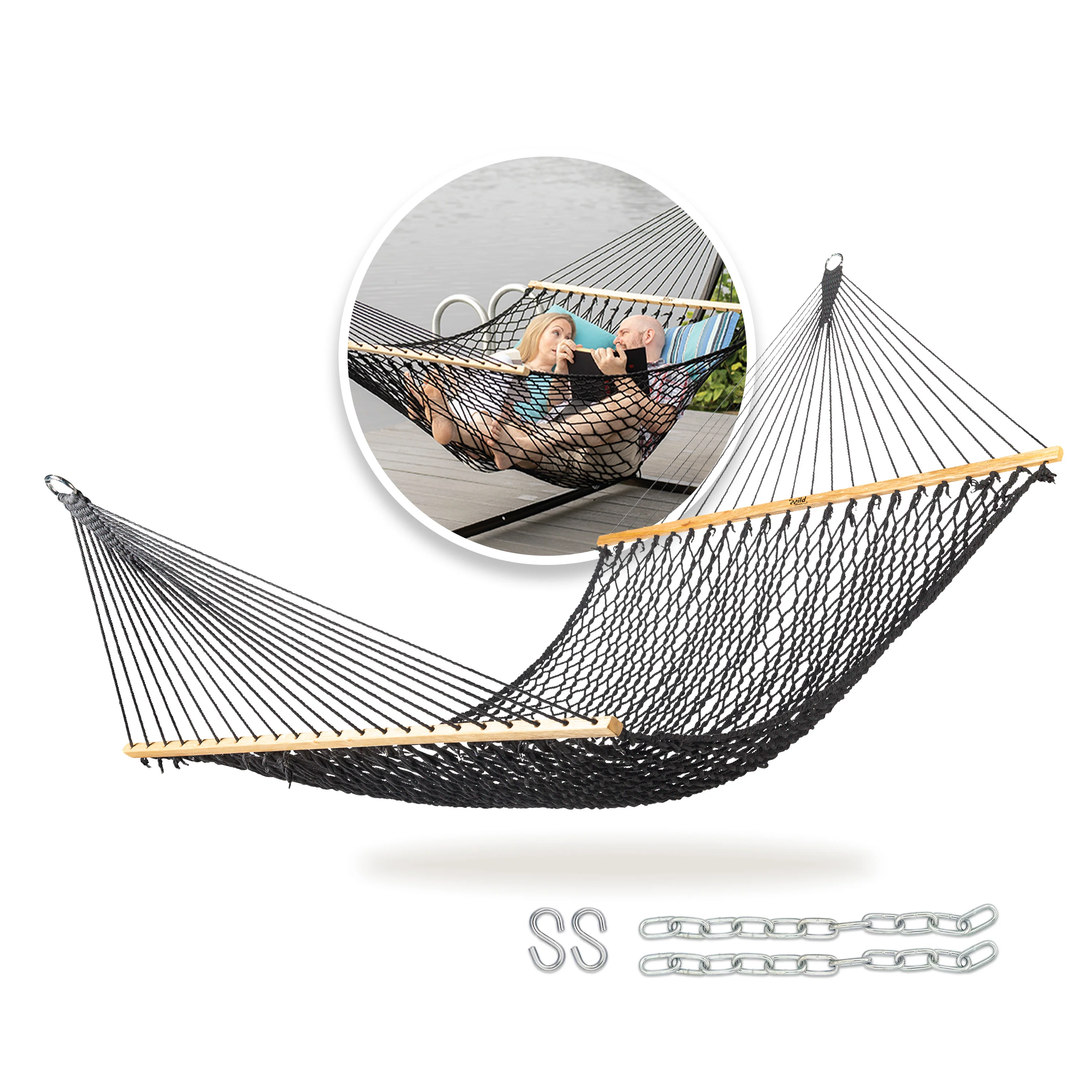 Bliss Hammocks BH-410BK Cotton Rope Hammock w/ Spreader Bar & Hanging Hardware | 60-in. Wide | 450 Lb. Capacity (Black)
