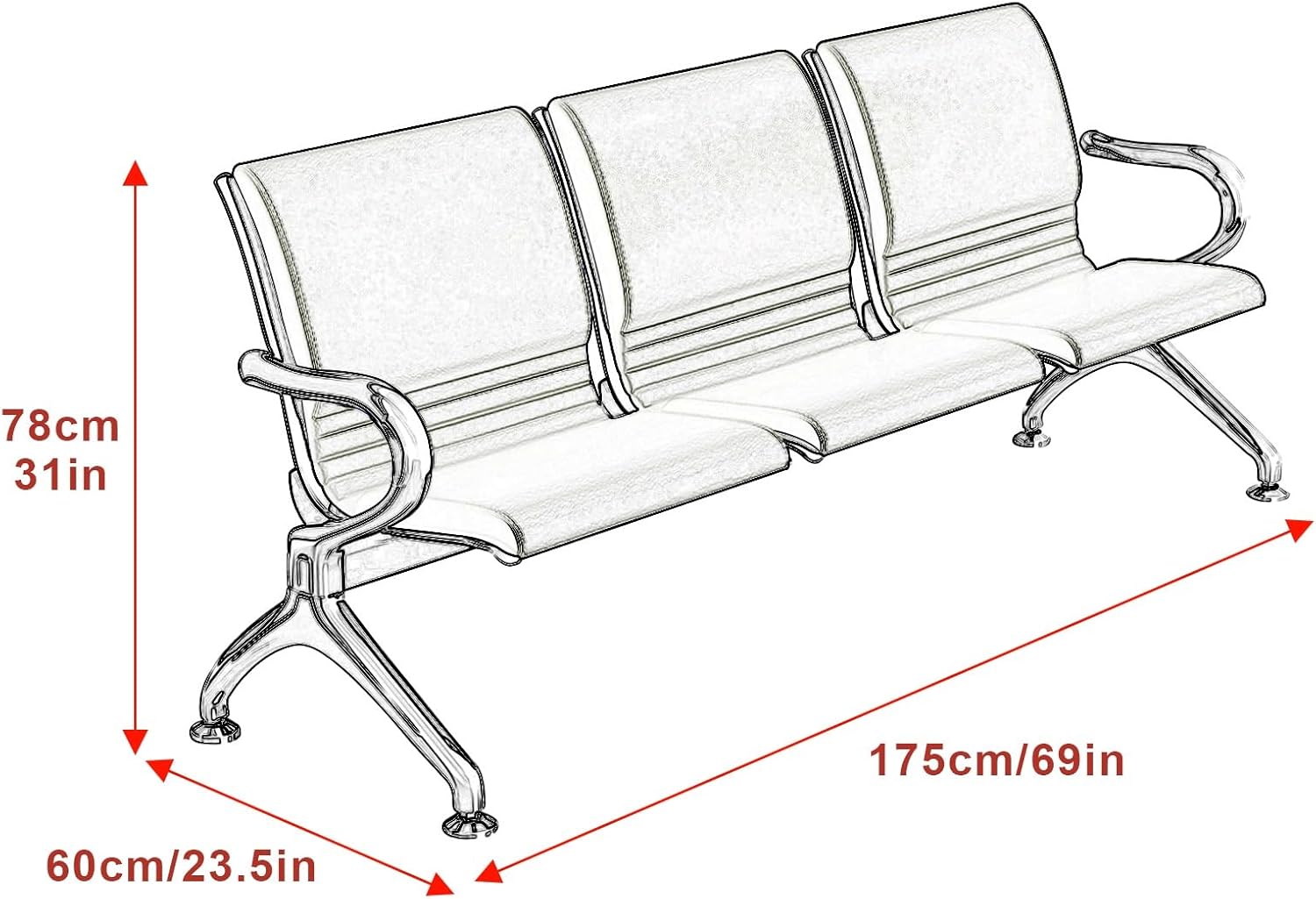 Blue 3Seat Reception Chairs with Arms Thick 4Cm Leather Cushions Durable Waiting Room Bench for Clinics Banks Airportsstylish Seating Furniture (Orange)