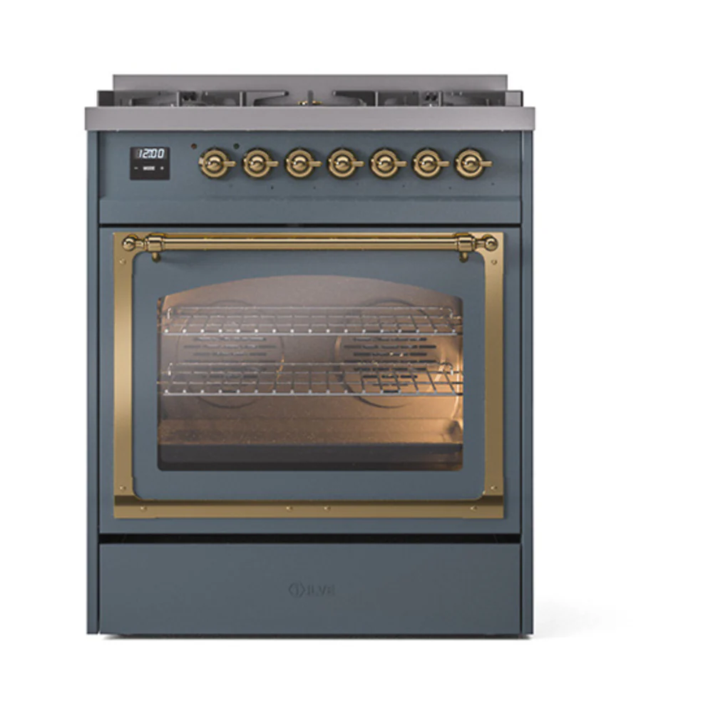 ILVE Nostalgie II Noblesse 30-Inch Dual Fuel Range with Triple Glass Door in Blue Grey with Brass Trim (UN30NMPBGG)