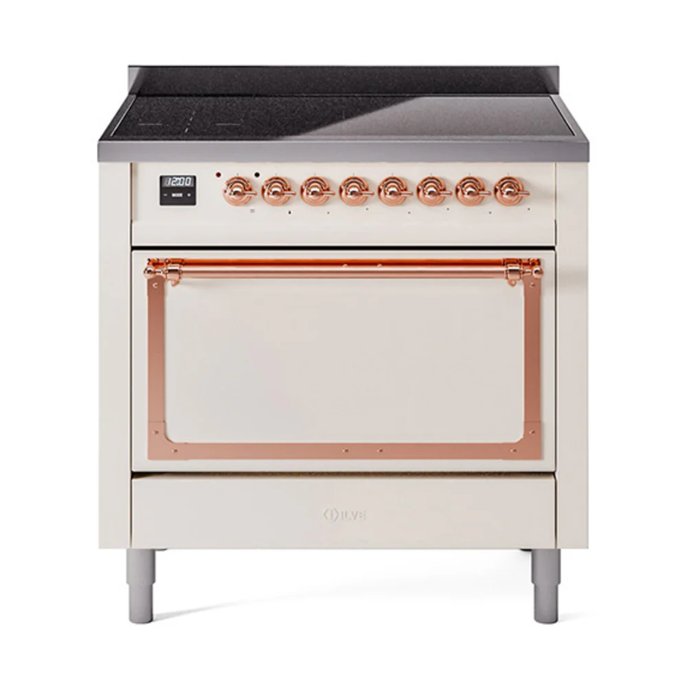 ILVE Nostalgie II Noblesse 36-Inch Induction Range with Solid Door in Antique White with Copper Trim (UNI366QNMPAWP)