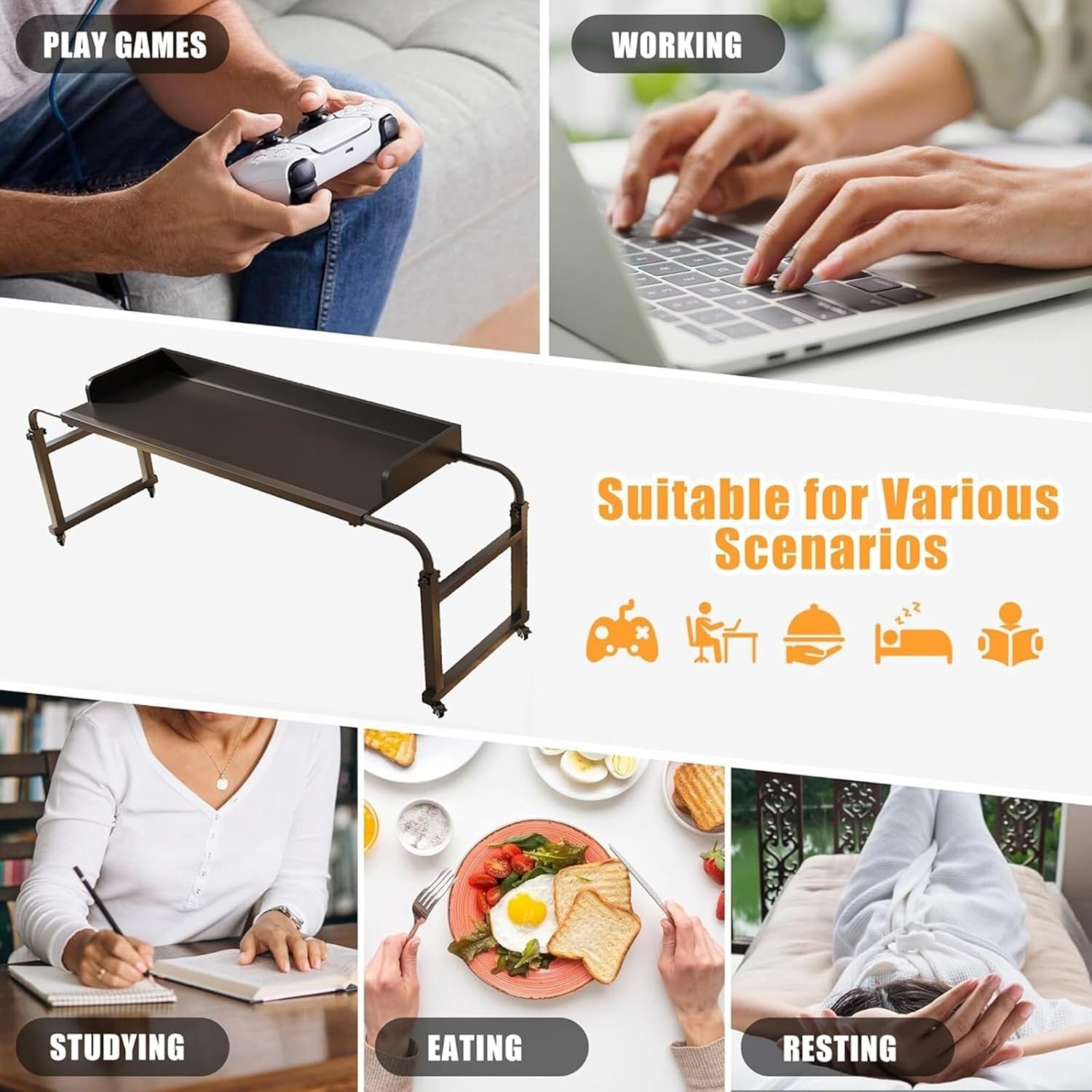 Over Bed Desk Adjustable 115-210cm, Mobile Bedside Table with 4 Wheels Height Adjustable 65-95cm Computer Desk Standing Workstation for Laptop Study Work Hospital Medical