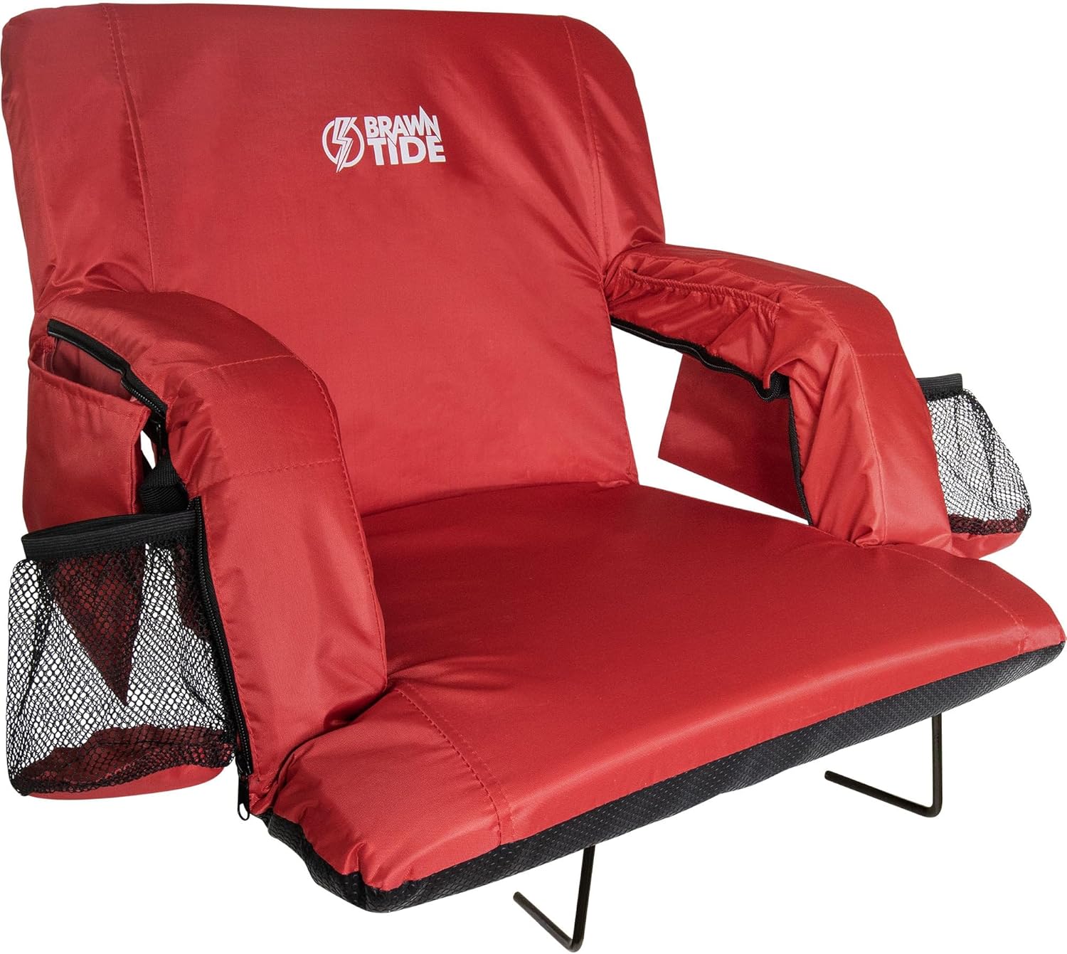 BRAWNTIDE Stadium Seat with Back Support - Comfy Cushion, Thick Padding, 2 Steel Bleacher Hooks, 4 Pockets, 2 Cup Holders, Reclining Back, Ideal Chair for Sport Events, Beaches, Camping, Concerts