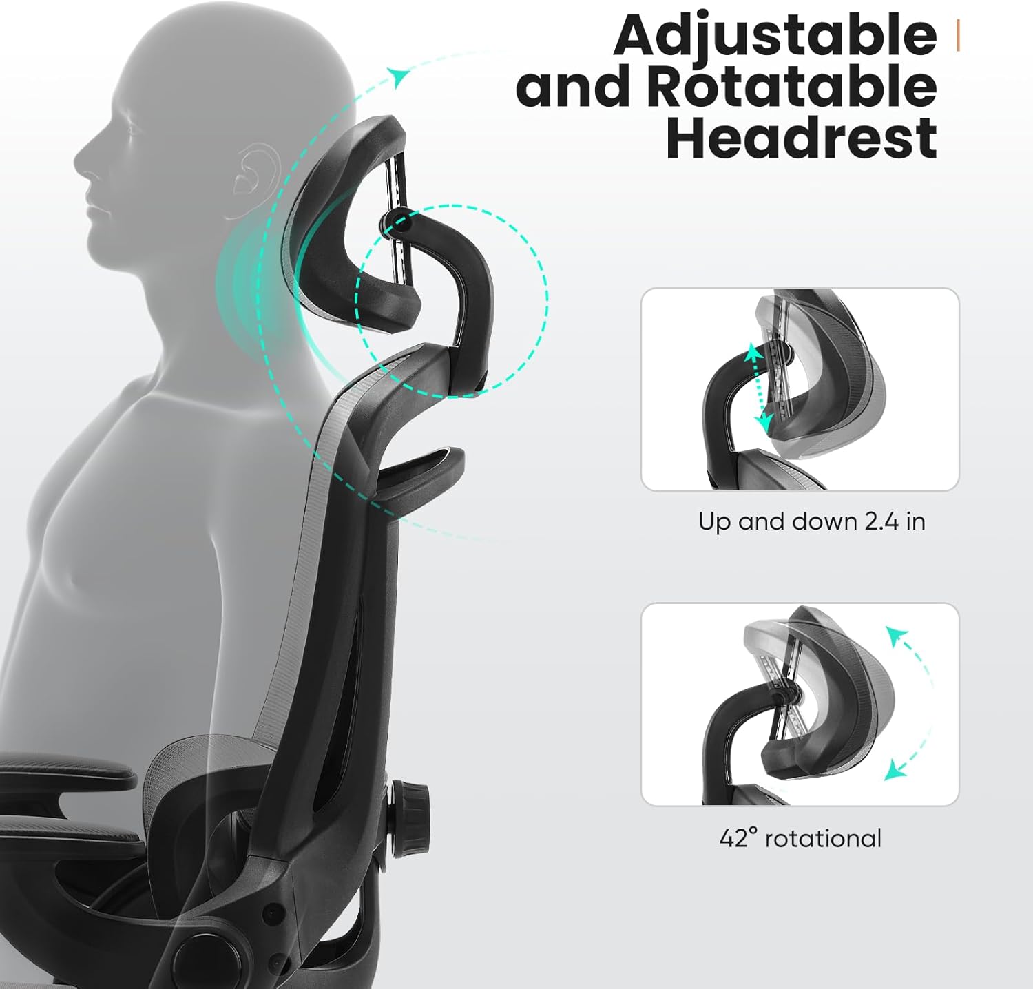 Sweetcrispy Ergonomic Desk Chair Office Chair, 300 LBS Home Mesh Office Desk Chairs with Wheels, 2D Headrest, Up&Down Lumbar Support, Swivel High Back Computer Chair with Flip-up Armrests,Dark Grey