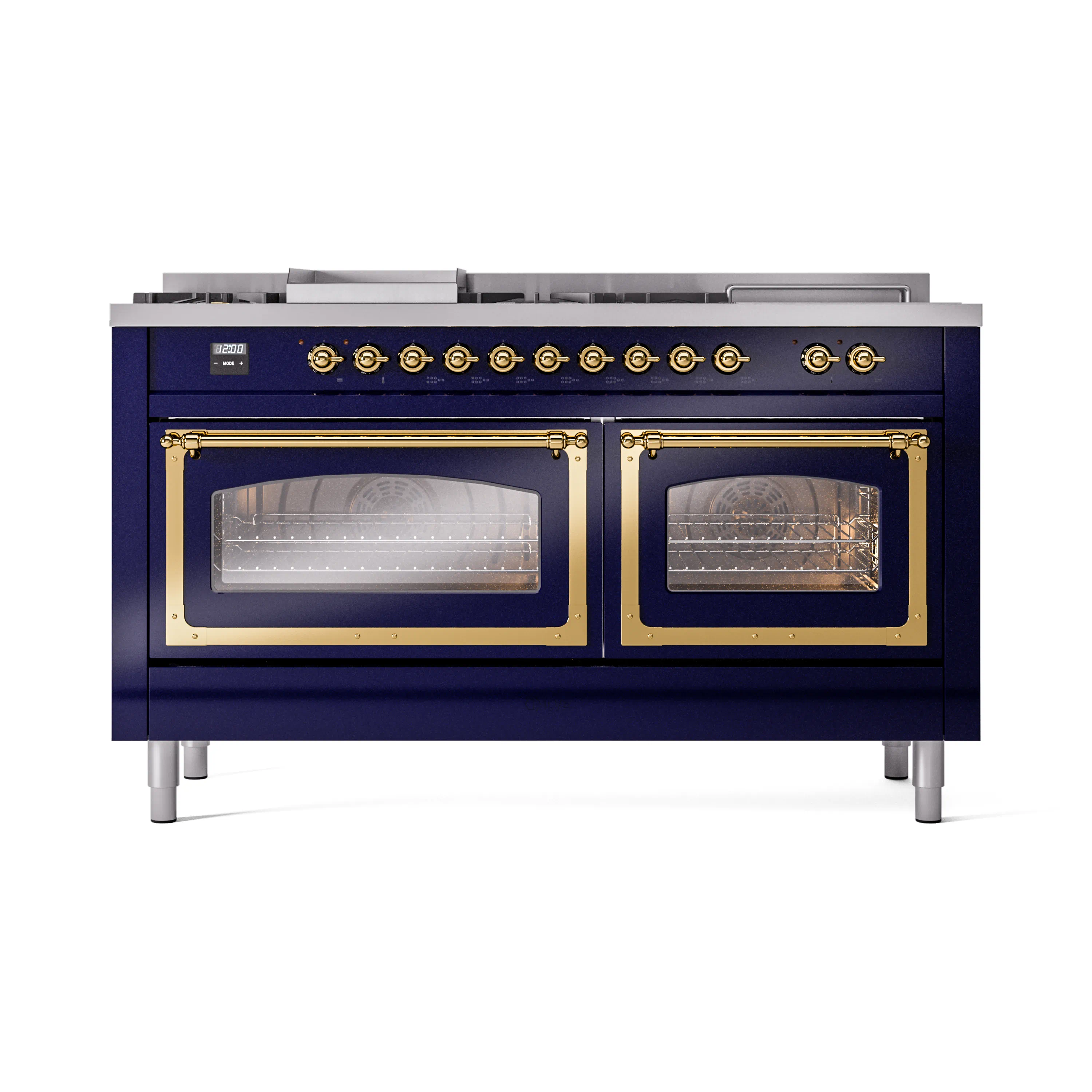 ILVE 60-Inch Nostalgie II Noblesse Dual Fuel Range with 7 Sealed Burners, Griddle, French Top, and Triple Glass Door Oven in Midnight Blue with Brass Trim (UN60FSNMPMBG)