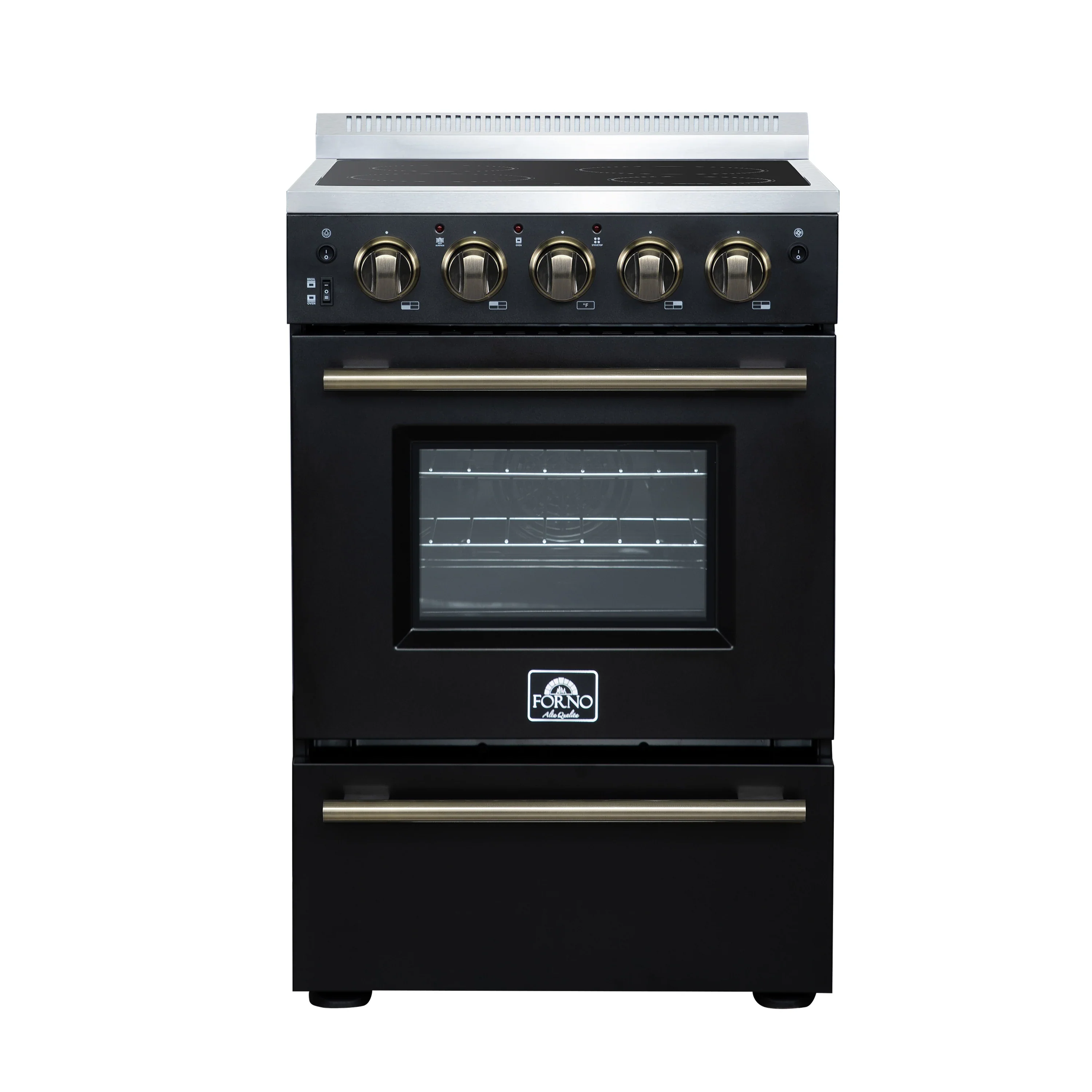 Forno Loiano 24-Inch Freestanding Electric Range in Black with Antique Brass Trim (FFSEL6069-24BLK)