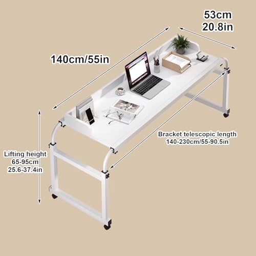Over Bed Table with Wheels, Table Over Bed, Adjustable Overbed Table, Adjustable Height and Width Office Desk, Standing Workstation Laptop Cart, for Laptop, Eating, Home, Hospital (Color : W
