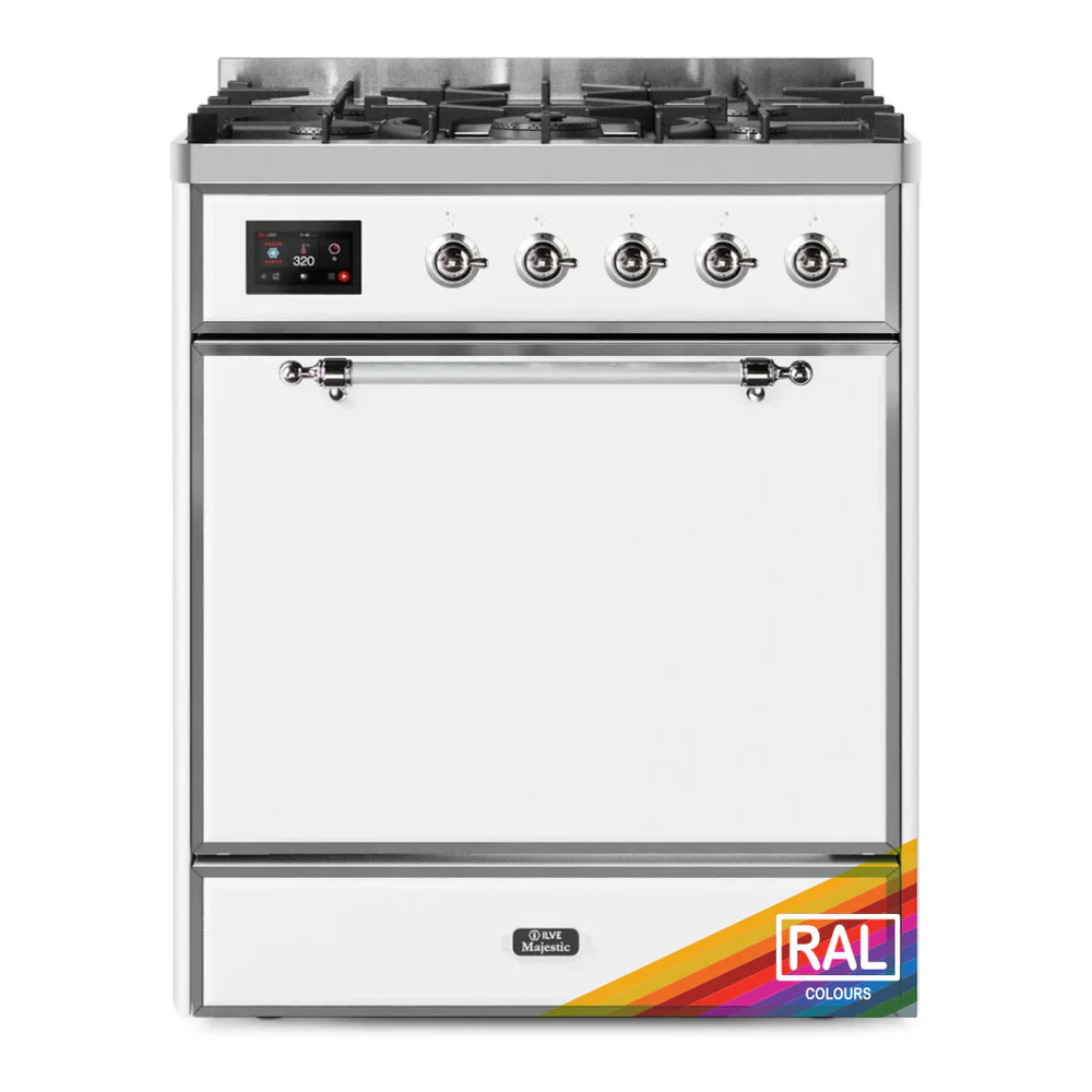 ILVE 30-Inch Majestic II Dual Fuel Range with 5 Burners and 4 cu. ft. Solid Door Oven in Custom RAL with Chrome Trim  (UM30DQNE3RAC)