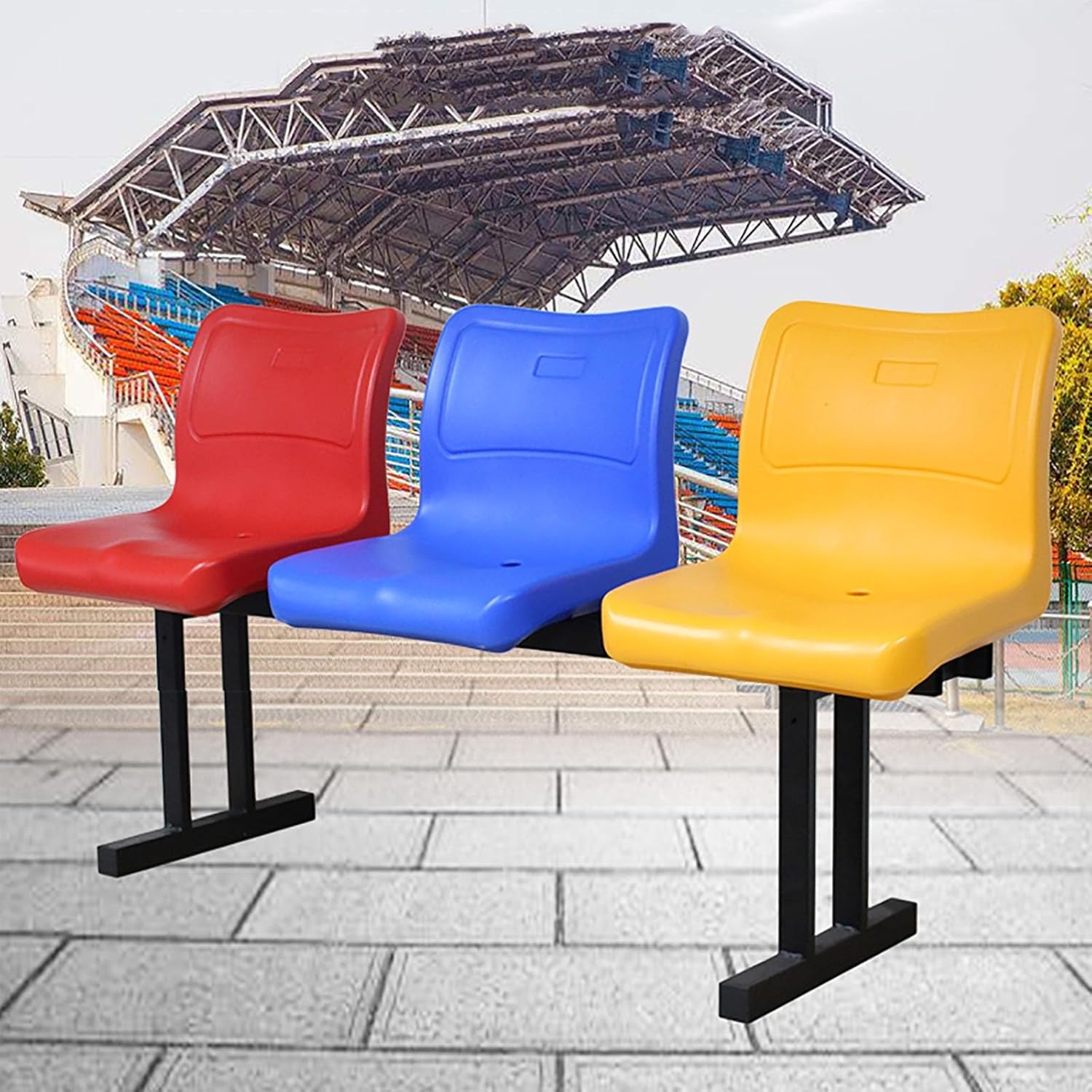 3-Seat Waiting Room Chair Bench, Plastics Reception Bench, Metal Frame, Seat Drain Hole Design, for Airport, Hospital, Bank, Salon, Barbershop,