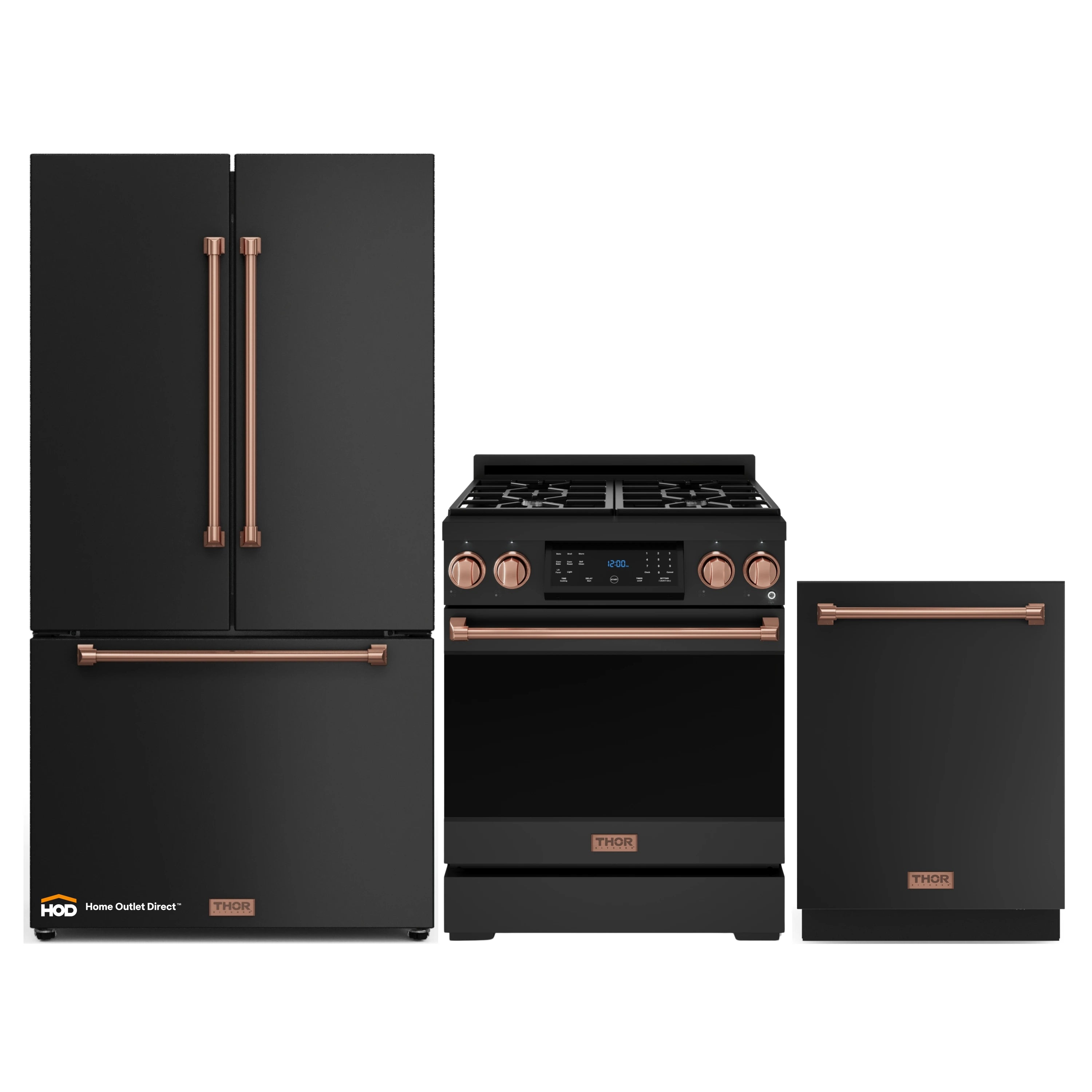 Gordon Ramsay by Thor Kitchen 3-Piece Appliance Package - 30-Inch Gas Range with Tilt Panel, 36-Inch Refrigerator, and Dishwasher in Black with Rose Gold Trim