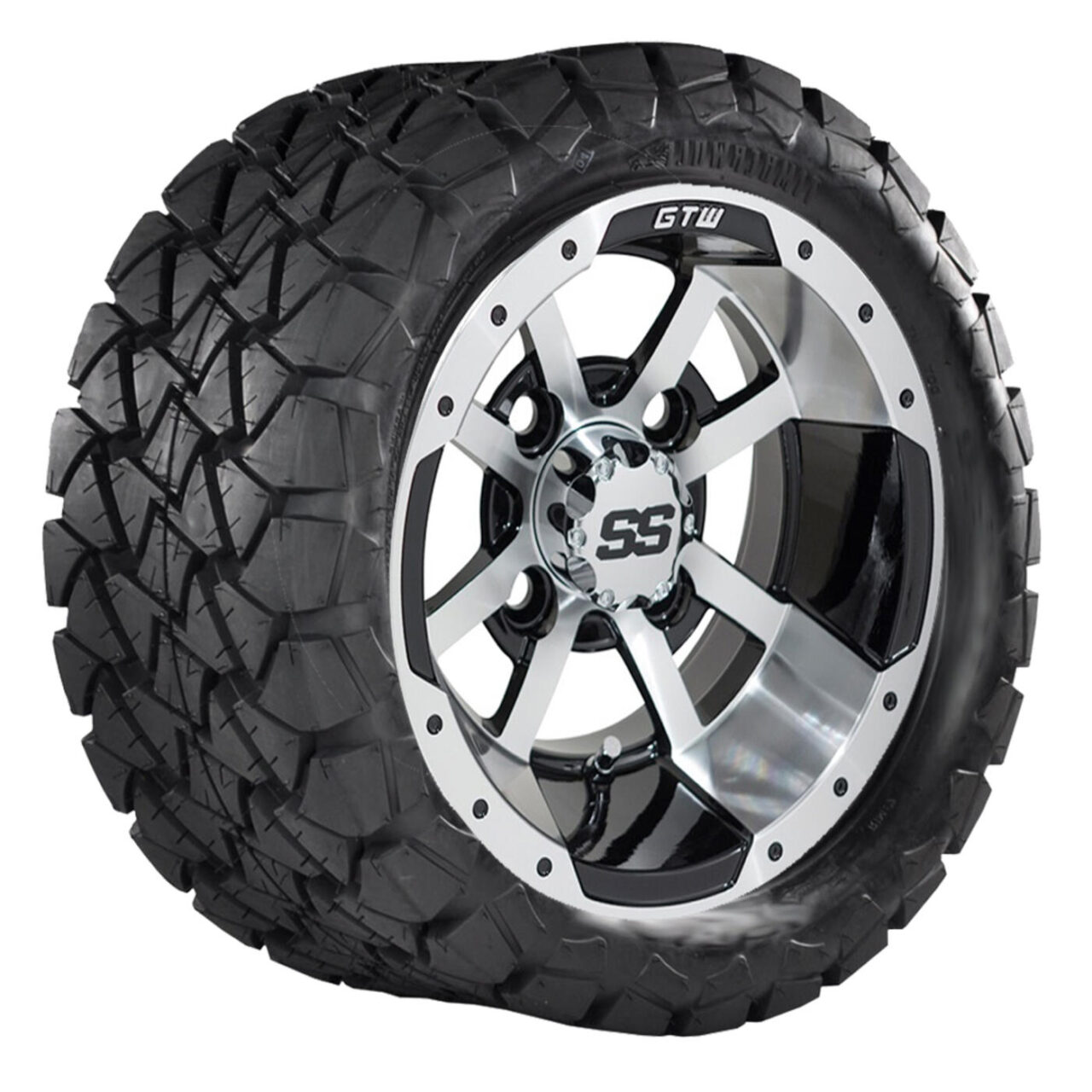 10′′ GTW Storm Trooper Black and Machined Wheels with 22′′ Timberwolf Mud Tires – Set of 4