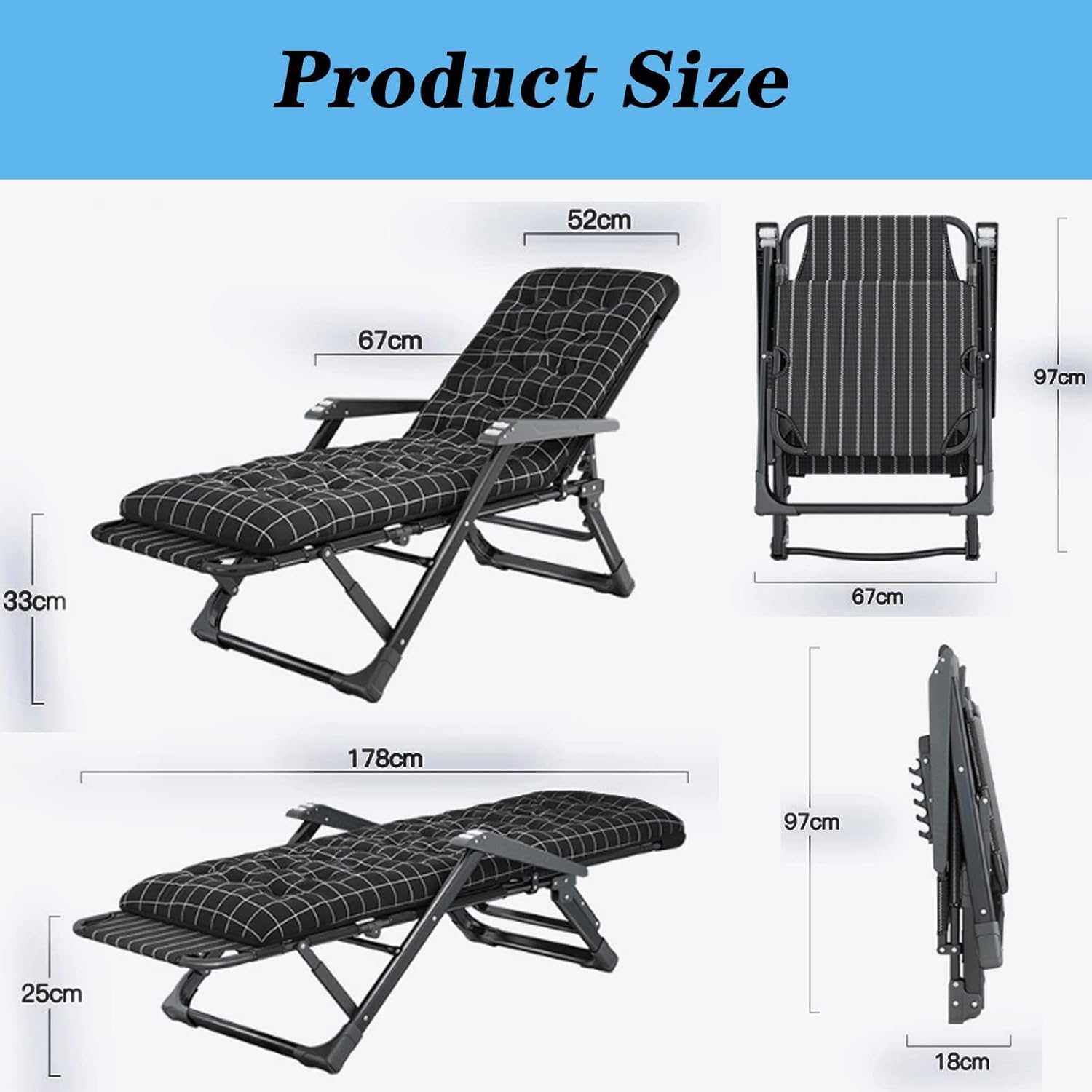 Padded Chair Adjustable Folding Reclining Patio Chair, Lounge Chair with Headrest Removable Pillow, Massage Armrest, Support 550lbs (Recliner+Blue Cushion