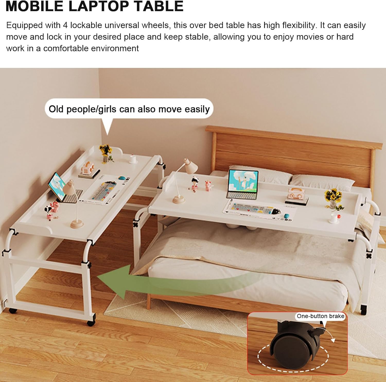 Overbed Table with Wheels, Height Adjustable Mobile Bed Desk, Standing Workstation Laptop Cart, Over The Bed Table for Home Office Bedroom Hospital,White with Baffle,120cm