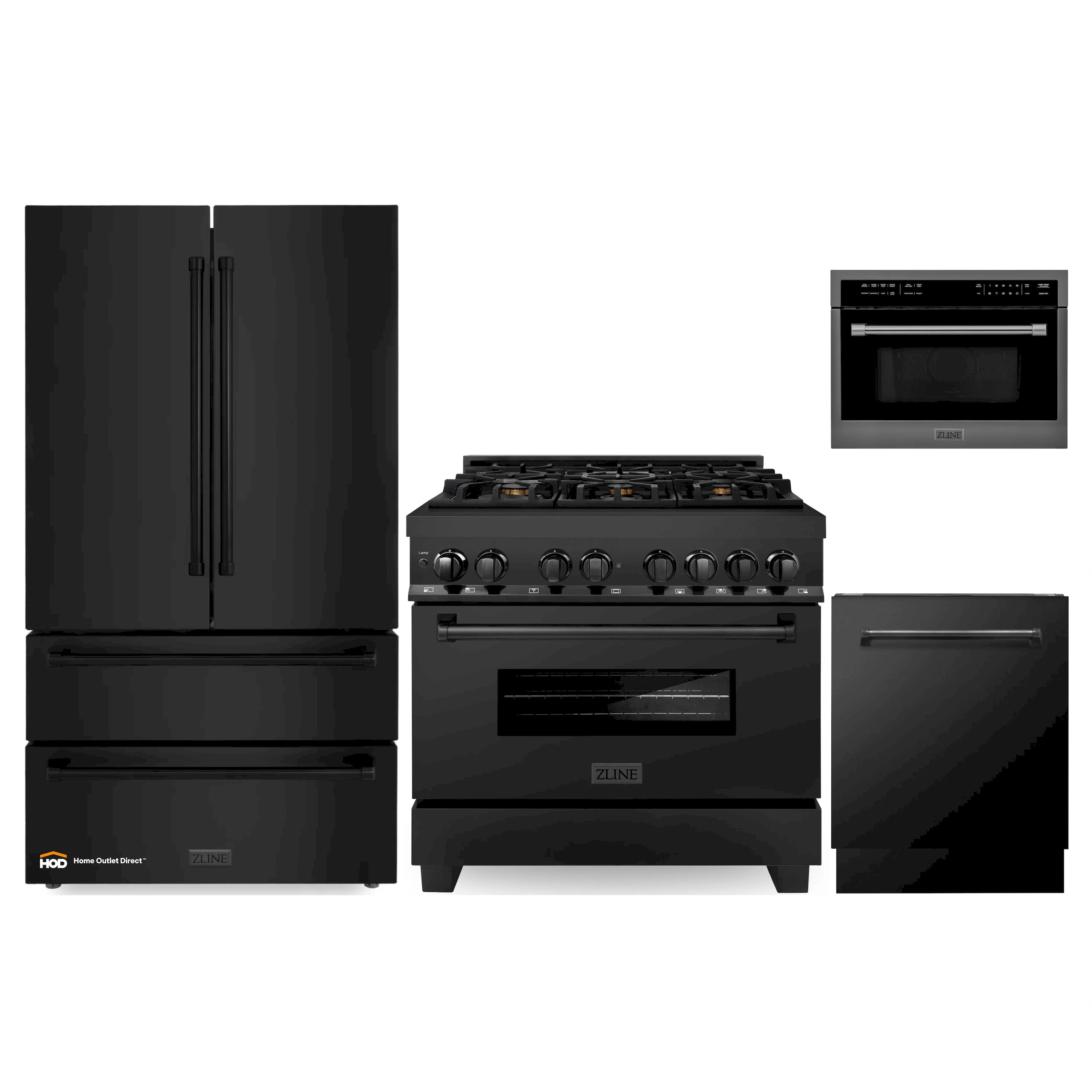 ZLINE 4-Piece Appliance Package - 36-Inch Dual Fuel Range with Brass Burners, Refrigerator, Microwave Oven, and 3-Rack Dishwasher in Black Stainless Steel