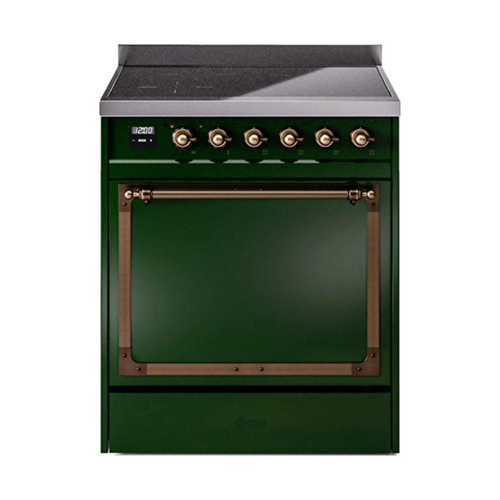 ILVE 30-Inch Nostalgie II Noblesse Induction Range with Solid Door Oven in Emerald Green with Bronze Trim (UNI304QNMPEGB)