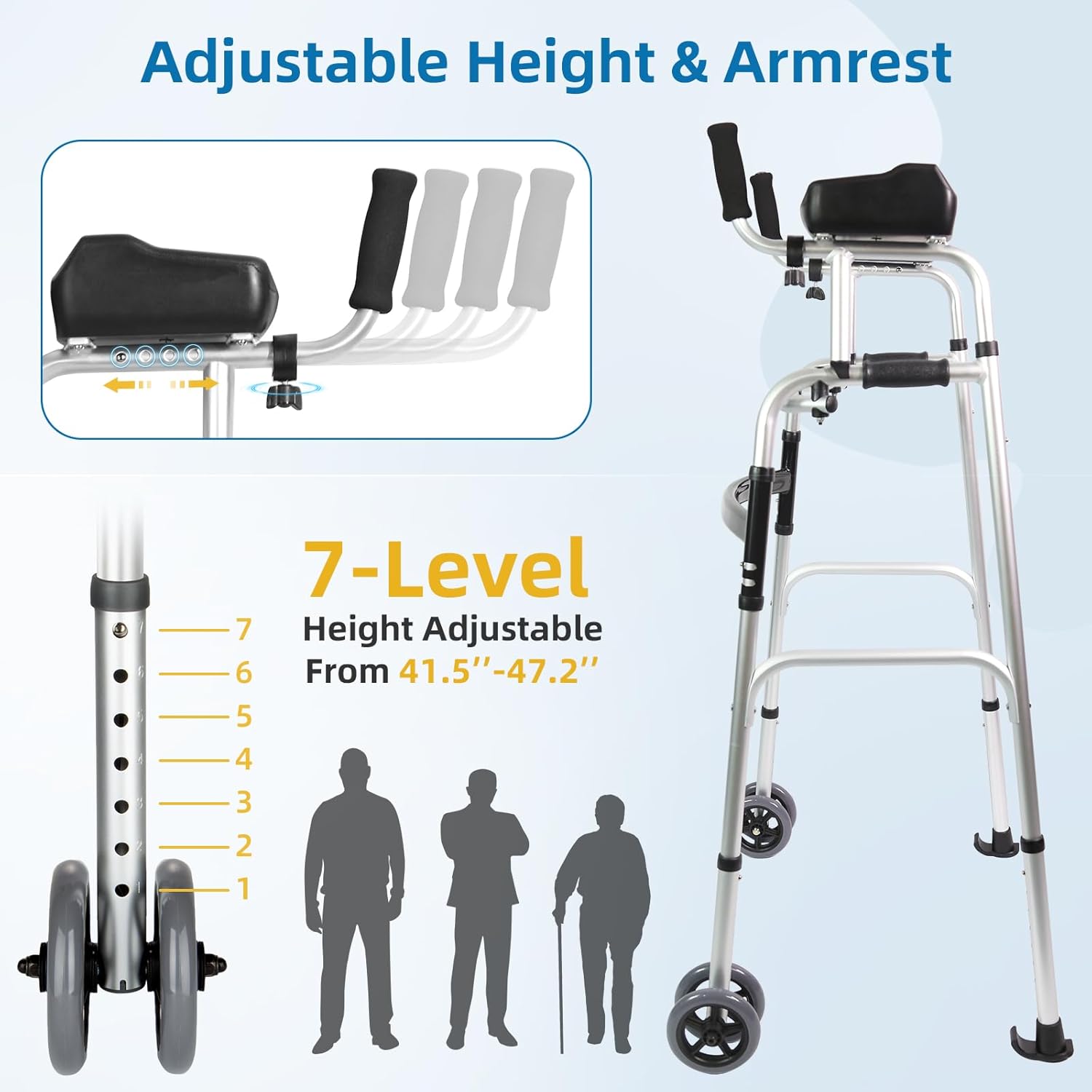 Dual-Wheel Stand Up Walker with Ball Bearing Wheels & Armrest Pad - Aluminum Standard Walker for Seniors, Height Adjustable Platform Walker with Arm Support, Foldable Design with Storage Bag, Silver