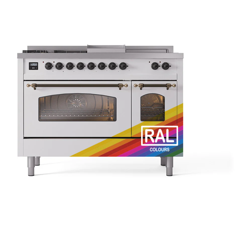 ILVE Nostalgie II 48-Inch Dual Fuel Range with 5 Burners, Griddle, & French Top with Triple Glass Door Oven in Custom RAL with Bronze Trim (UP48FSNMPRAB)
