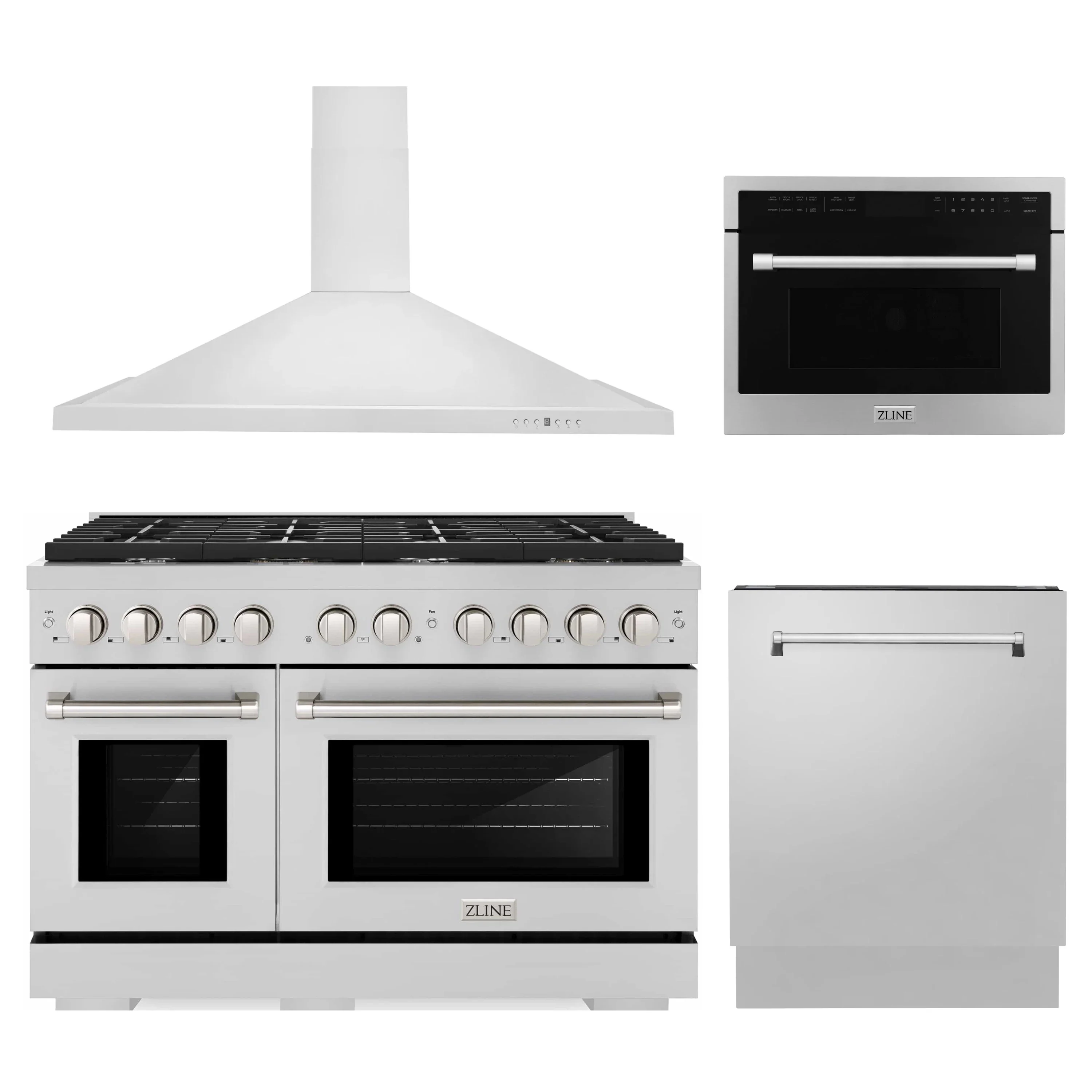 ZLINE 4-Piece Appliance Package - 48-Inch Gas Range, Tall Tub Dishwasher, Microwave Oven & Premium Hood (4KP-SGRRH48-MODWV)