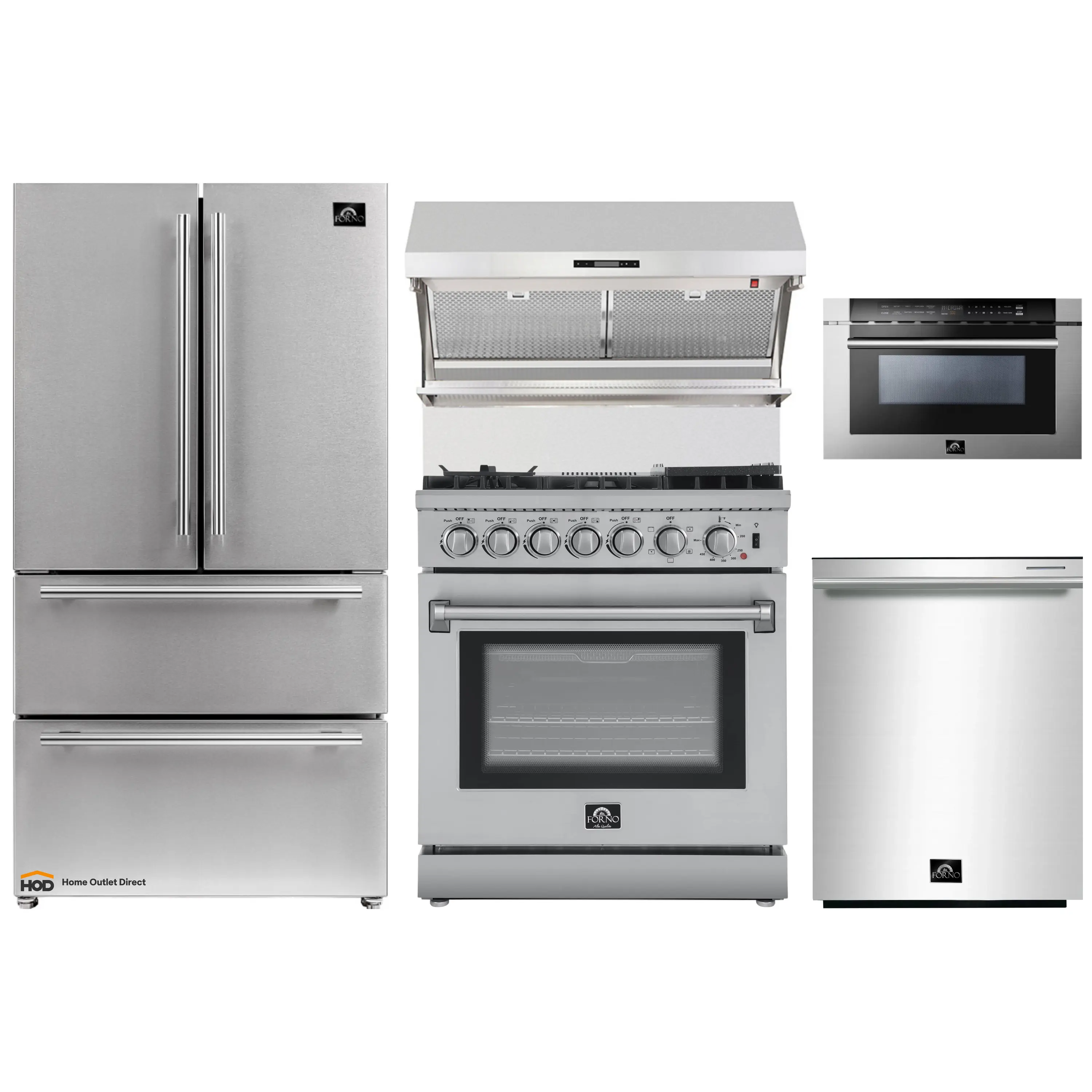 Forno 5-Piece Appliance Package - 30-Inch Dual Fuel Range with Air Fryer, Refrigerator, Wall Mount Hood with Backsplash, 24-Inch Microwave Drawer, & 3-Rack Dishwasher in Stainless Steel