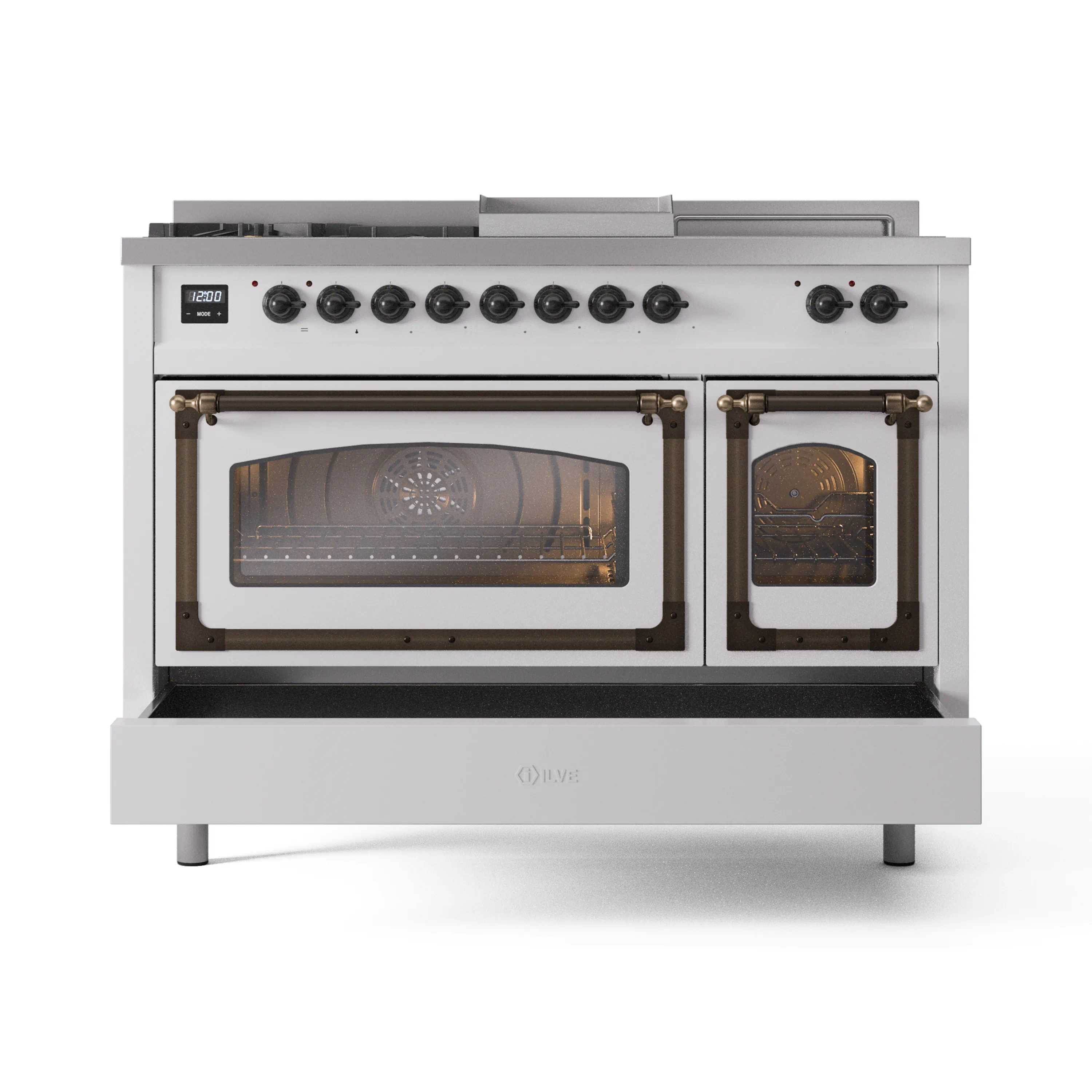 ILVE 48-Inch Nostalgie II Noblesse Dual Fuel Range with 5 Sealed Burners, Griddle, French Top and Triple Glass Door Oven in White with Bronze Trim (UN48FSNMPWHB)
