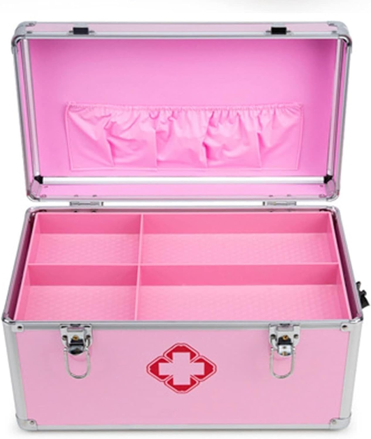 Pink Portable First Aid Medicine Box with Lock, Double-Layer Aluminum Alloy Storage Chest for Home, Office, Travel, Camping & Emergency Use(12 Inch)