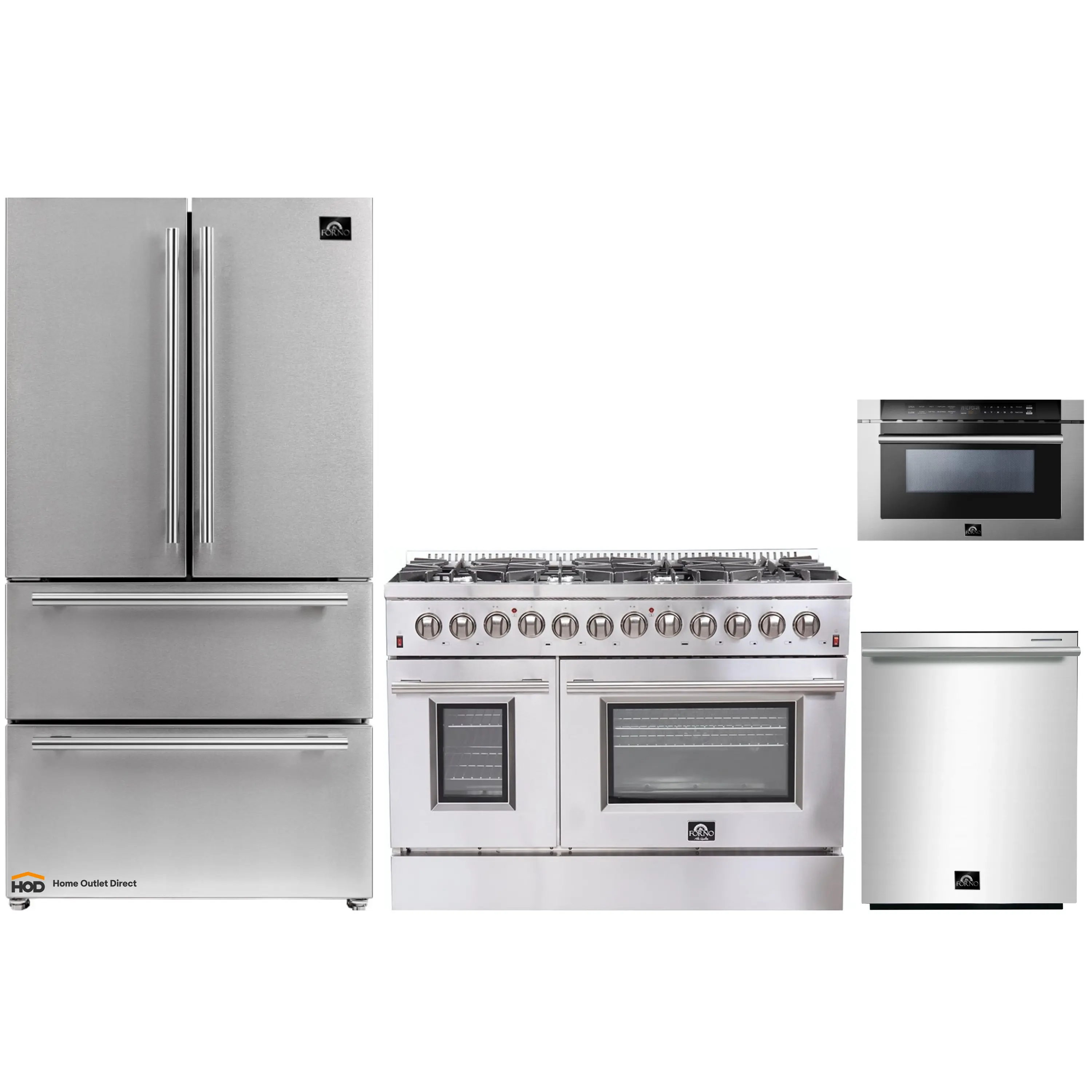 Forno 4-Piece Appliance Package - 48-Inch Dual Fuel Range, Refrigerator, 24-Inch Microwave Drawer, & 3-Rack Dishwasher in Stainless Steel