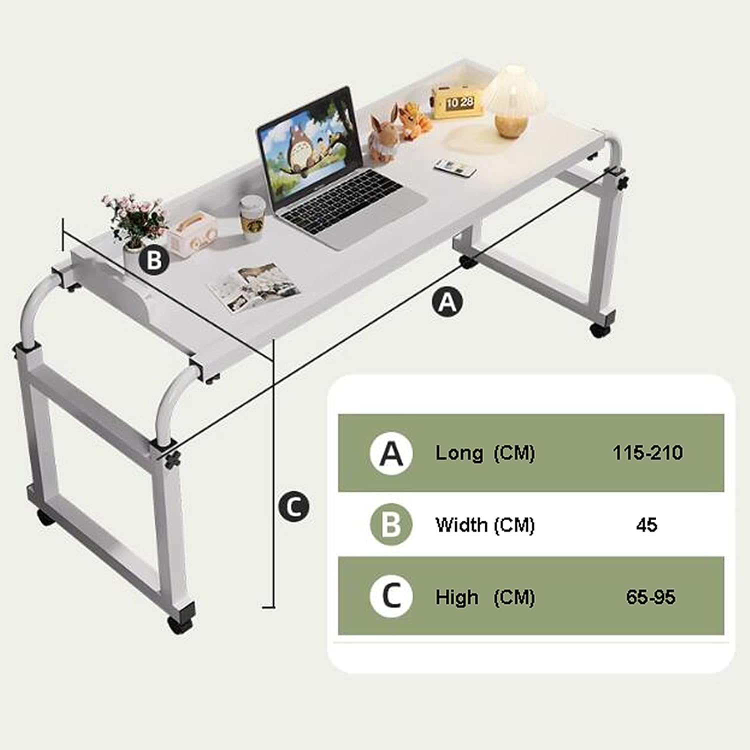 Overbed Table with 4 Wheels, Over Bed Desk Height Adjustable 65-95cm Rolling Medical Table Overbed Table Computer Workstation Overbed Table for Twin/Full/Queen/King Size Bed Frame