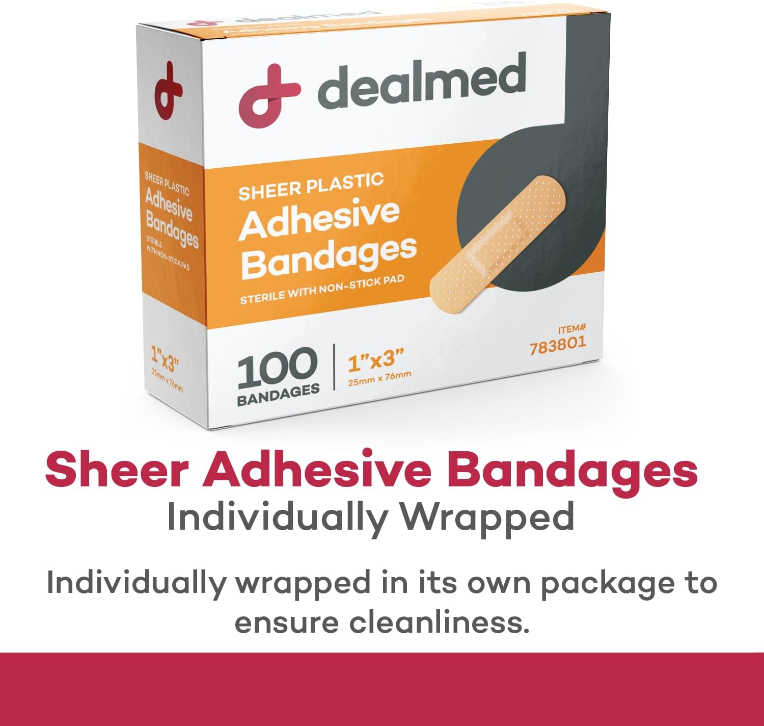 Dealmed Sheer Plastic Flexible Adhesive Bandages – 100 Count (24 Pack) Bandages with Non-Stick Pad, Latex Free, Wound Care for First Aid Kit, 1