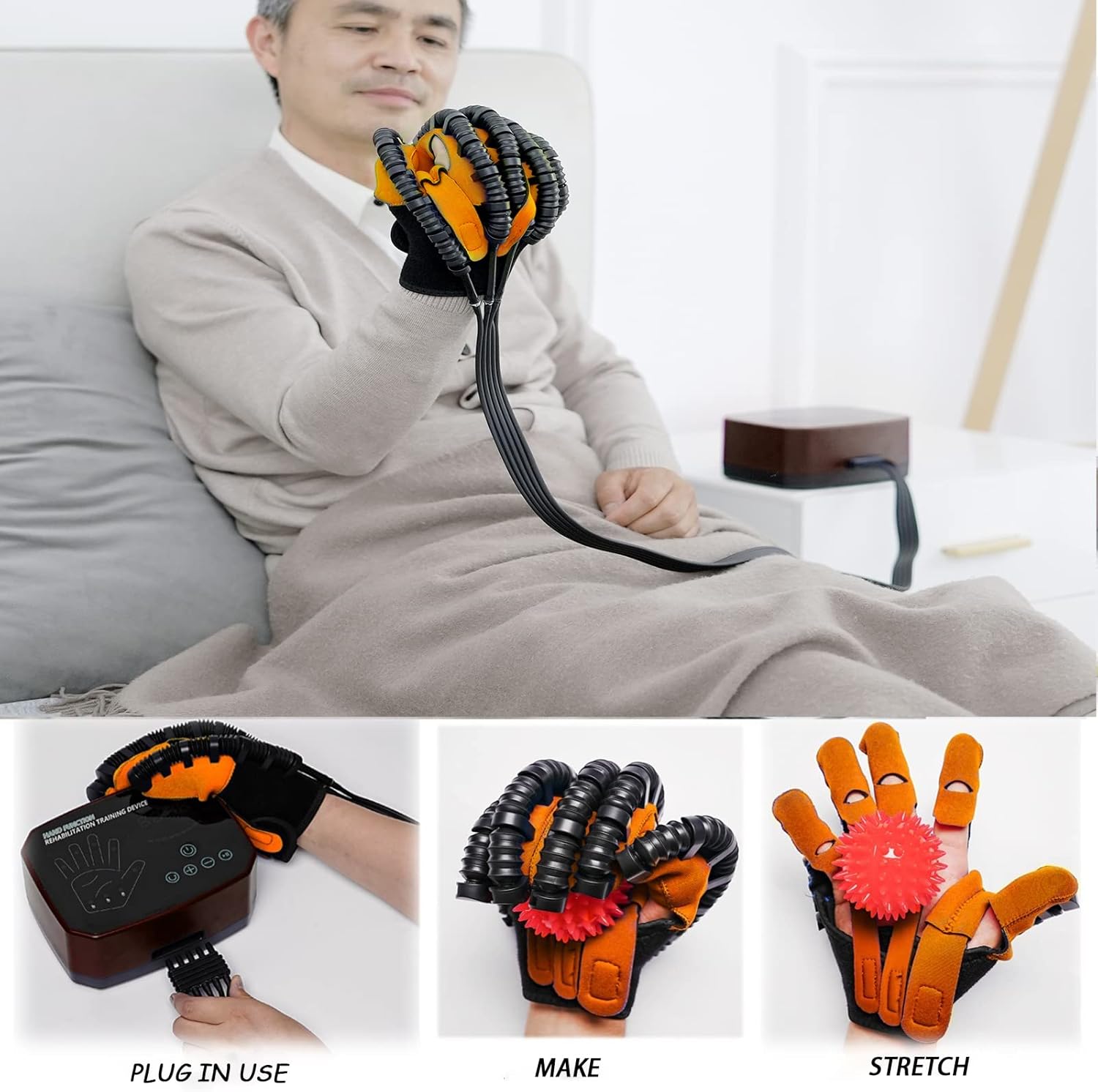 Rehabilitation Robot Gloves Stroke Hemiplegia Finger Trainer Stroke Hand Splint Finger Orthosis Assistive Training Equipment Minimize Spasticity(Size:Right L,Color:Orange-B)