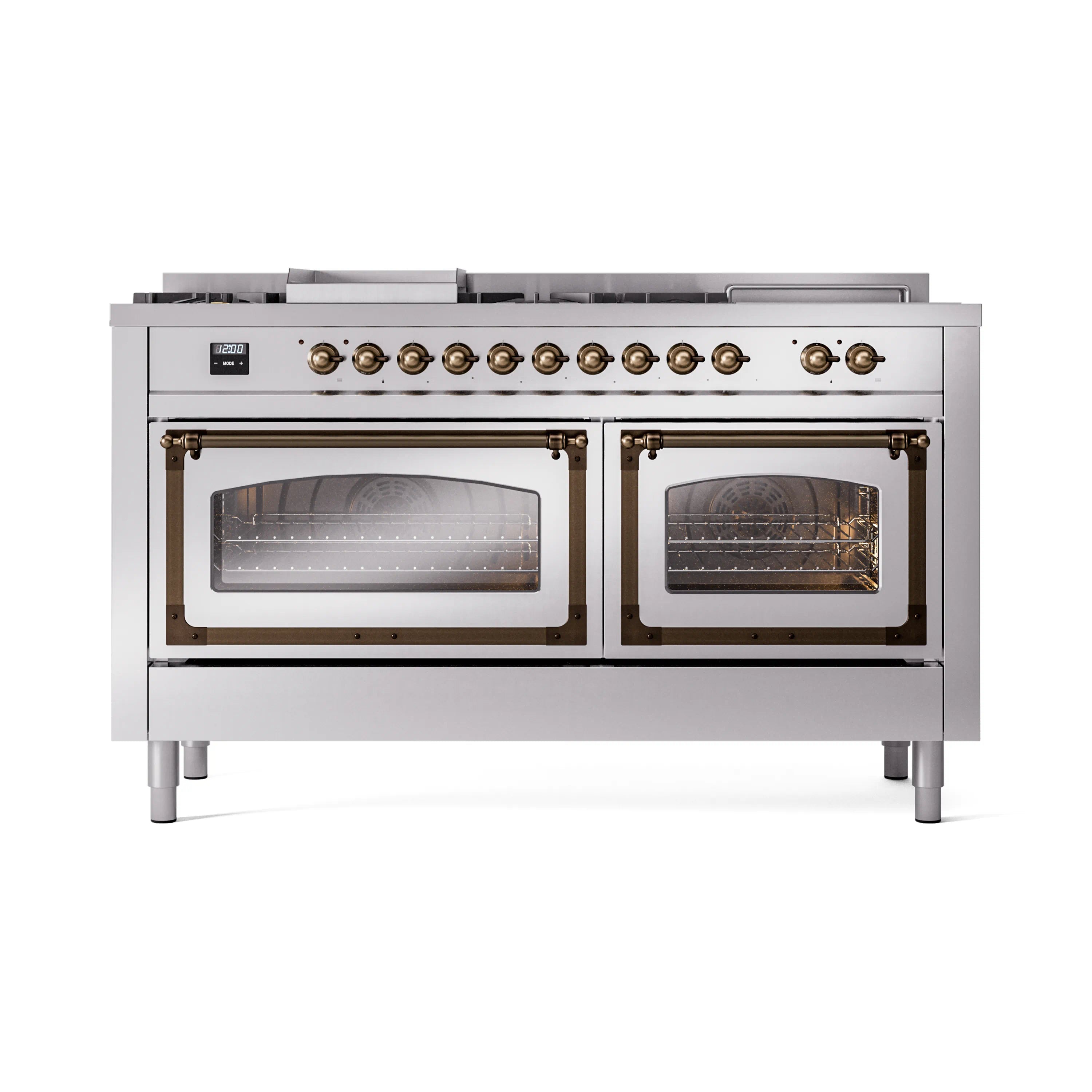 ILVE 60-Inch Nostalgie II Noblesse Dual Fuel Range with 7 Sealed Burners, Griddle, French Top, and Triple Glass Door Oven in Stainless Steel with Bronze Trim (UN60FSNMPSSB)