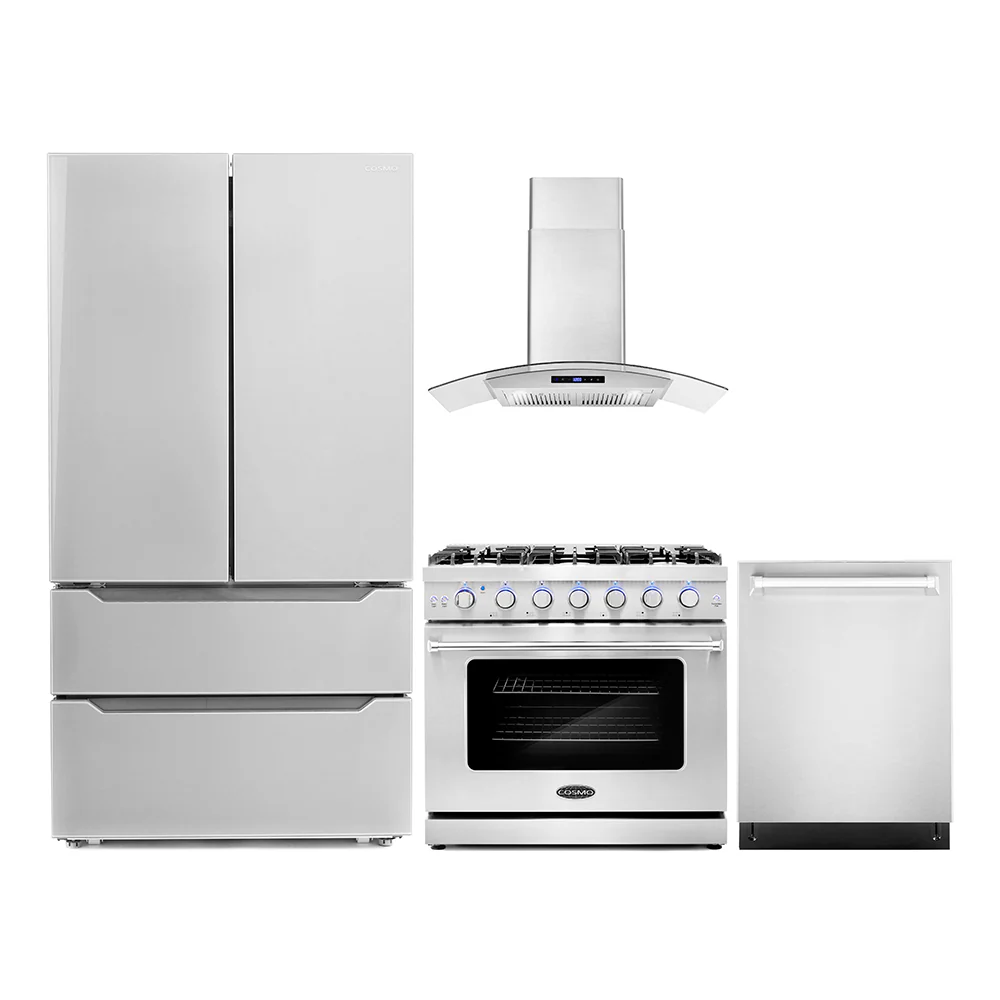 Cosmo 4-Piece Appliance Package - 36-Inch Gas Range, Wall Mount Range Hood, Dishwasher and Refrigerator in Stainless Steel (COS-4PKG-130)
