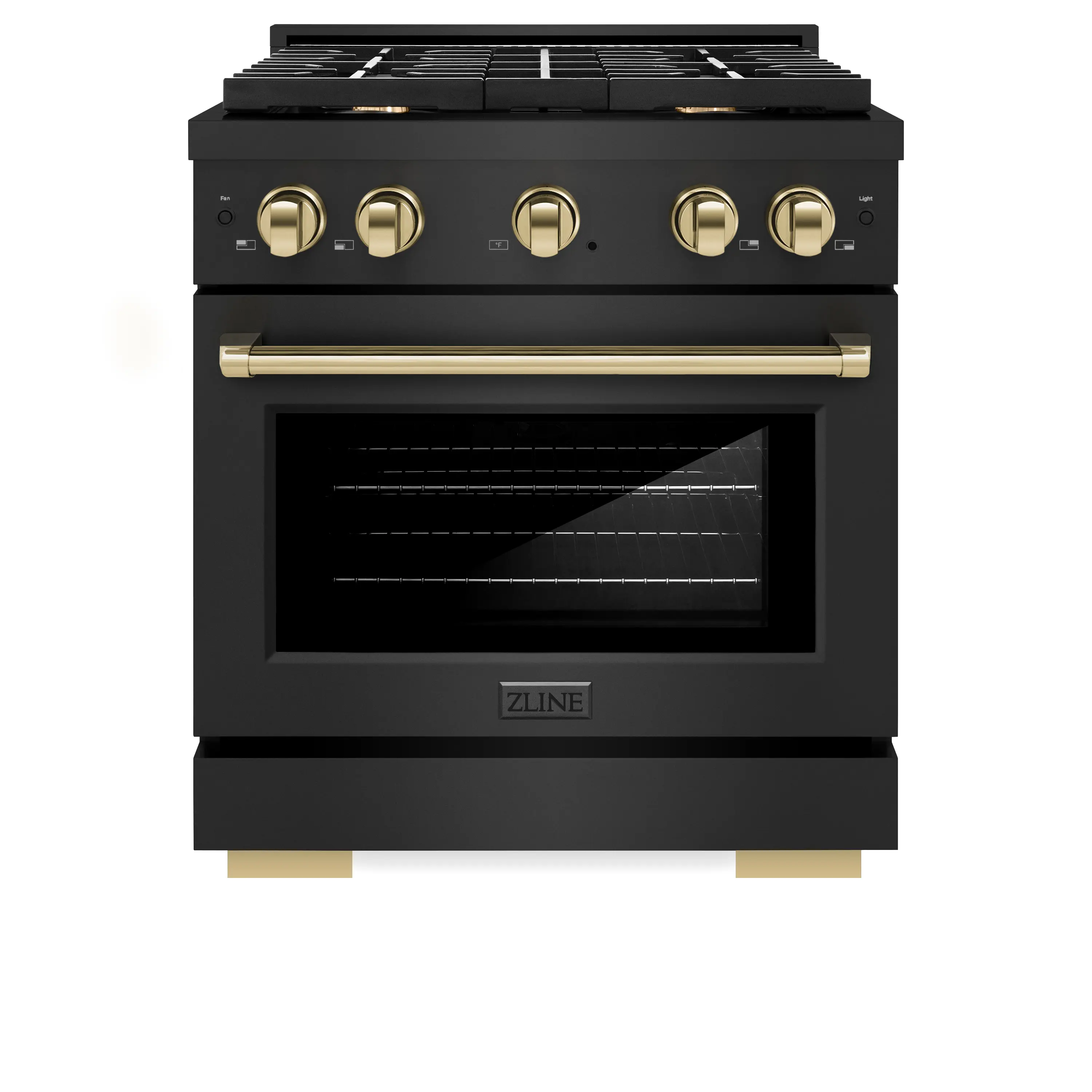 ZLINE Autograph Edition 30-Inch 4.2 cu. ft. Paramount Dual Fuel Range with 4 Burner Gas Cooktop and Electric Convection Oven in Black Stainless Steel with Polished Gold Accents (SDRBZ-30-G)