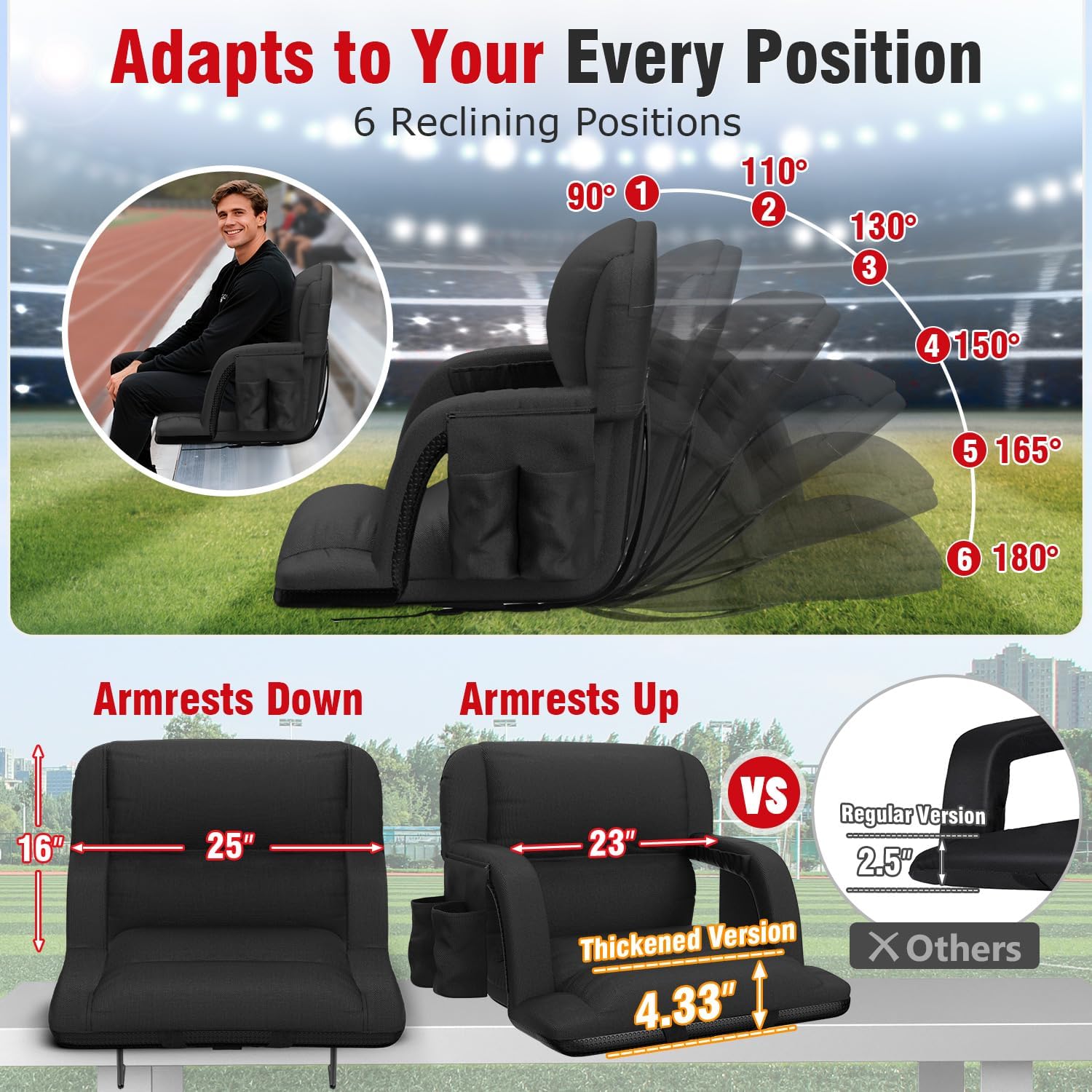 Suteck Wide Stadium Seats with Back Support 2 Pack, Portable Sofa Style Bleacher Chair with Back and Cushion, Armrest, 6 Reclining Positions Backpack Stadium Chair for Sports Events 23-Inch Wide