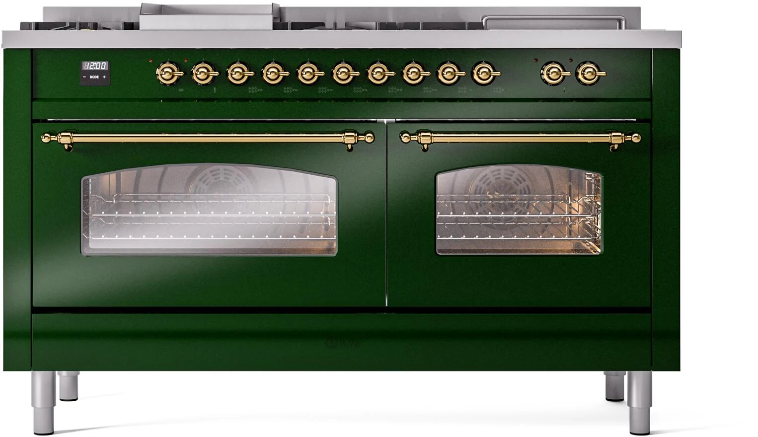 ILVE Nostalgie II 60-Inch Dual Fuel Range with 7 Burners, Griddle, & French Top with Triple Glass Door Oven in Emerald Green with Brass Trim (UP60FSNMPEGG)