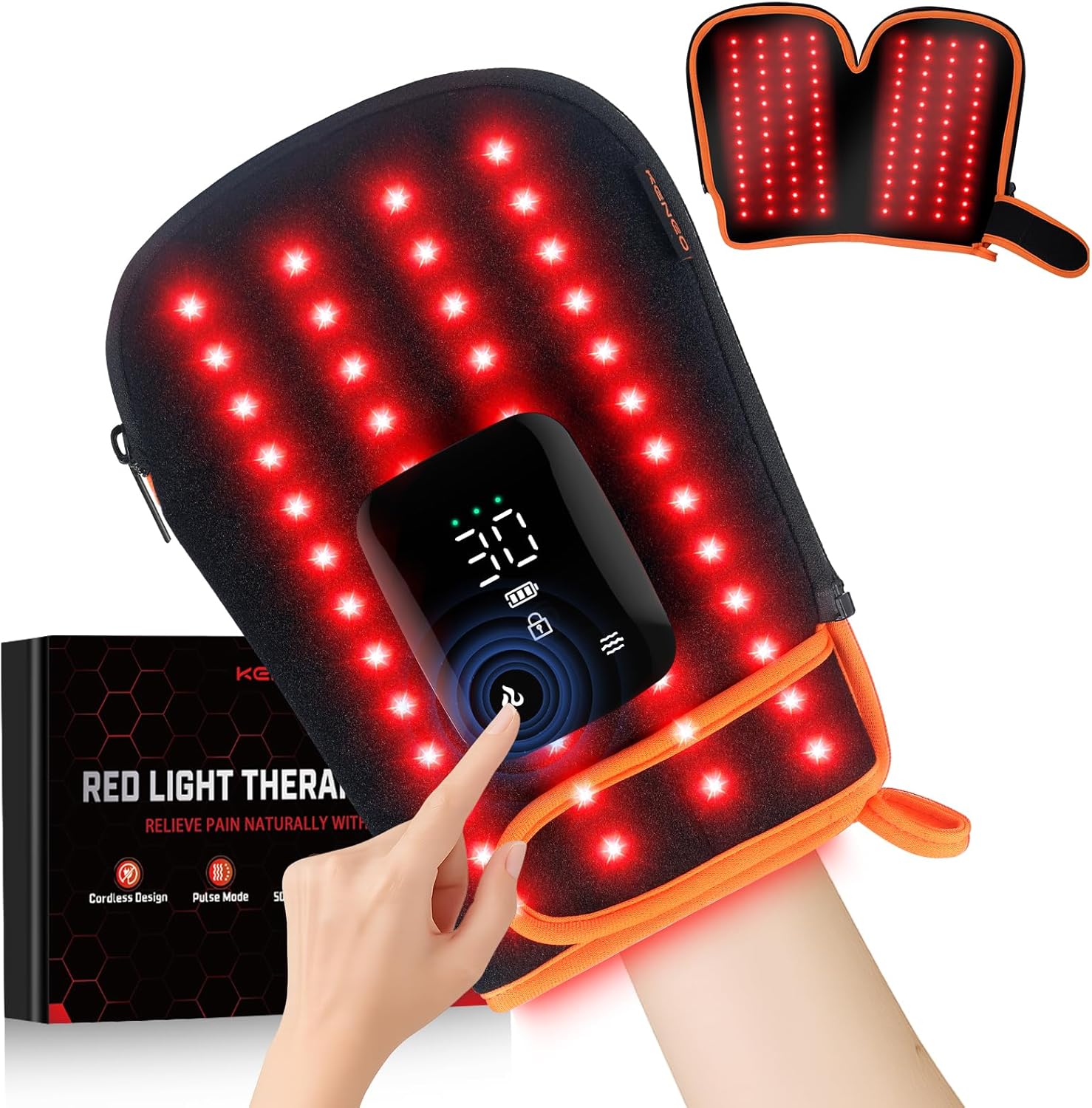 Keneo Red Light Therapy Gloves for Hands, 100LEDs Red & Near-Infrared, Dual Wavelength 660nm & 850nm, 5 Modes, Wireless, Rechargeable 5000mAh Battery, for Hand & Wrist Treatment （Orange）
