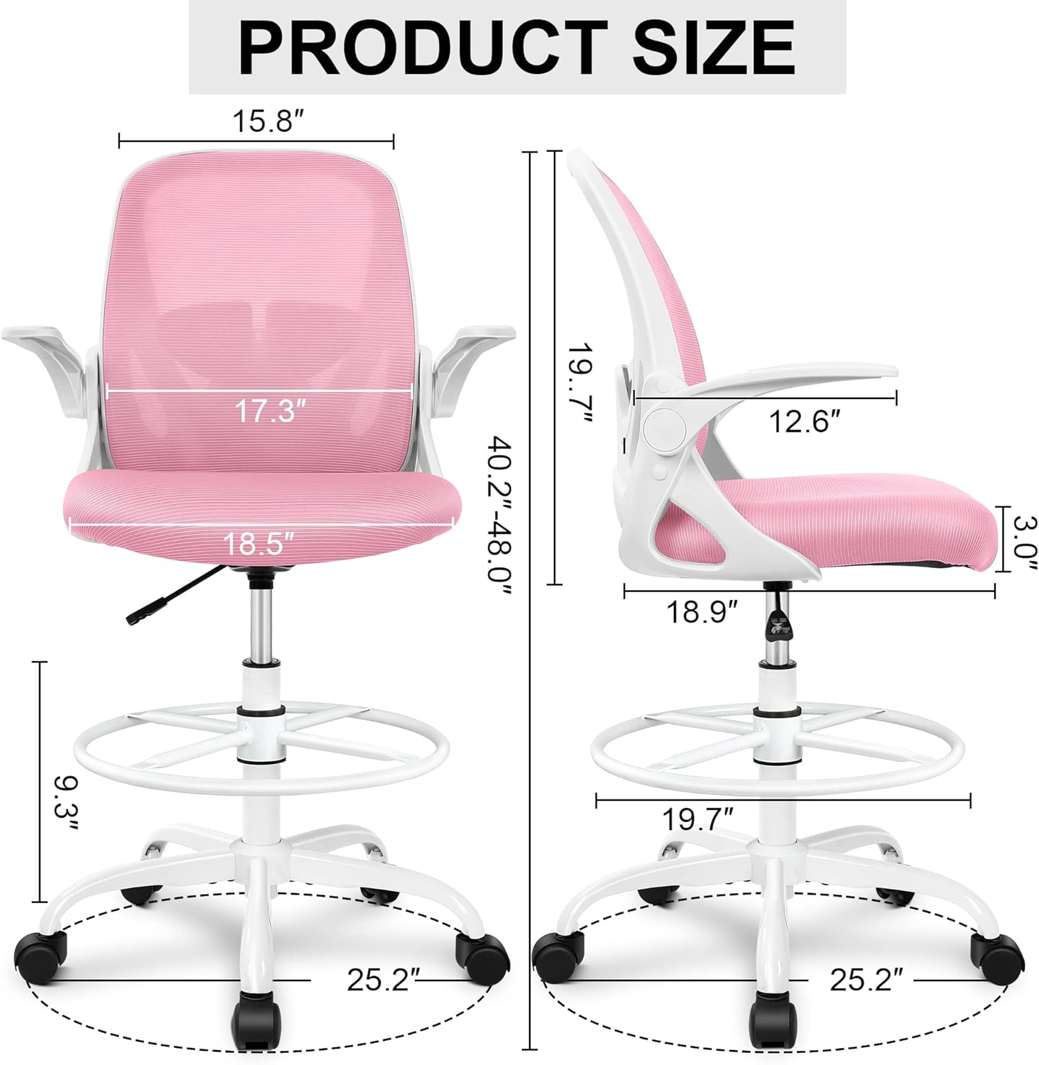 Primy Drafting Chair Tall Office Chair with Flip-up Armrests Executive Ergonomic Computer Standing Desk Chair with Lumbar Support and Adjustable Footrest Ring (Pink)
