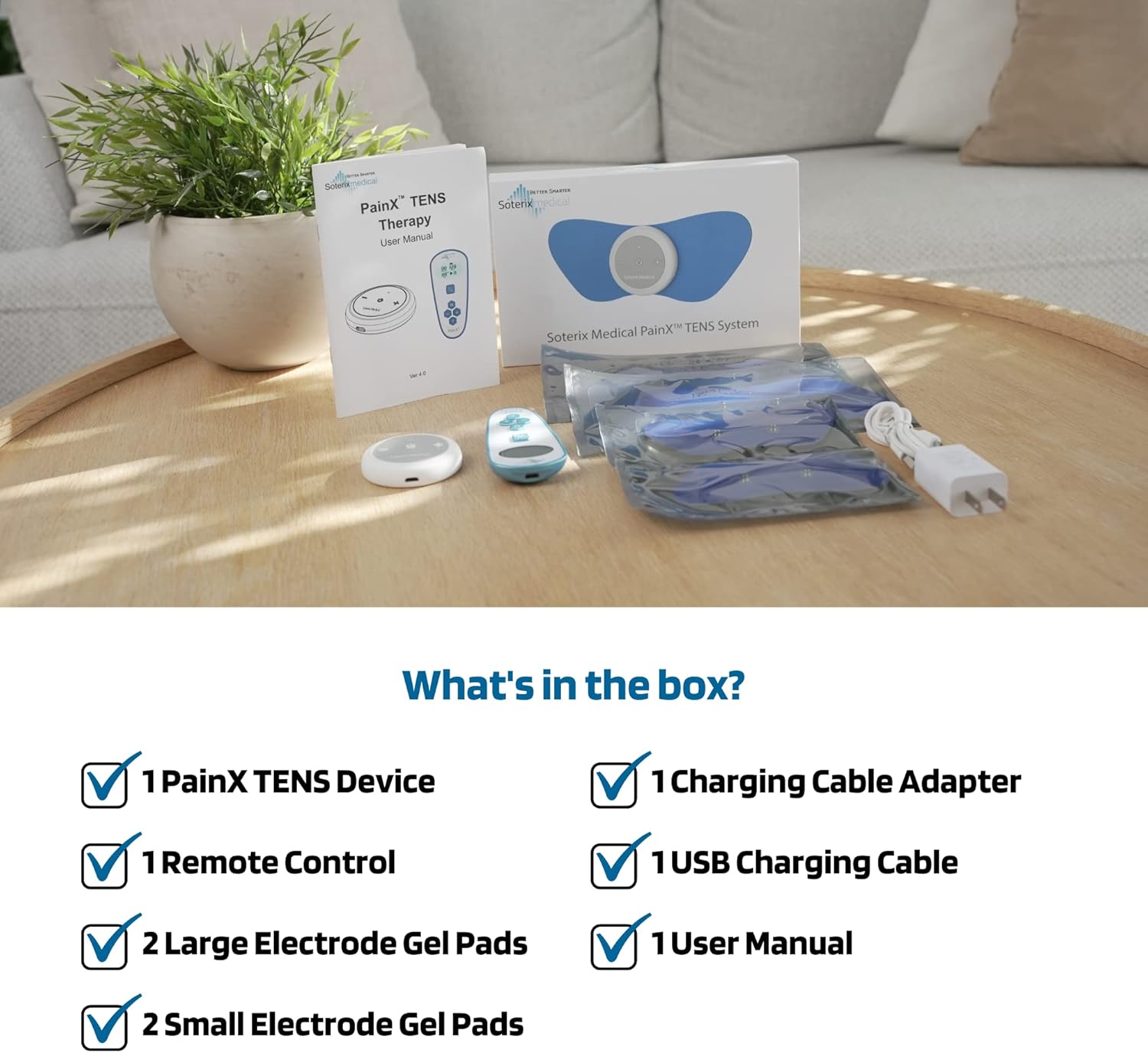 Soterix Medical PainX TENS Wireless Tens Unit Muscle Stimulator with EMS - FSA Tens Unit for Back Pain, Knee, Neck and Face with USB Rechargeable Device and Remote, Designed in USA, 4 Electrode Pads