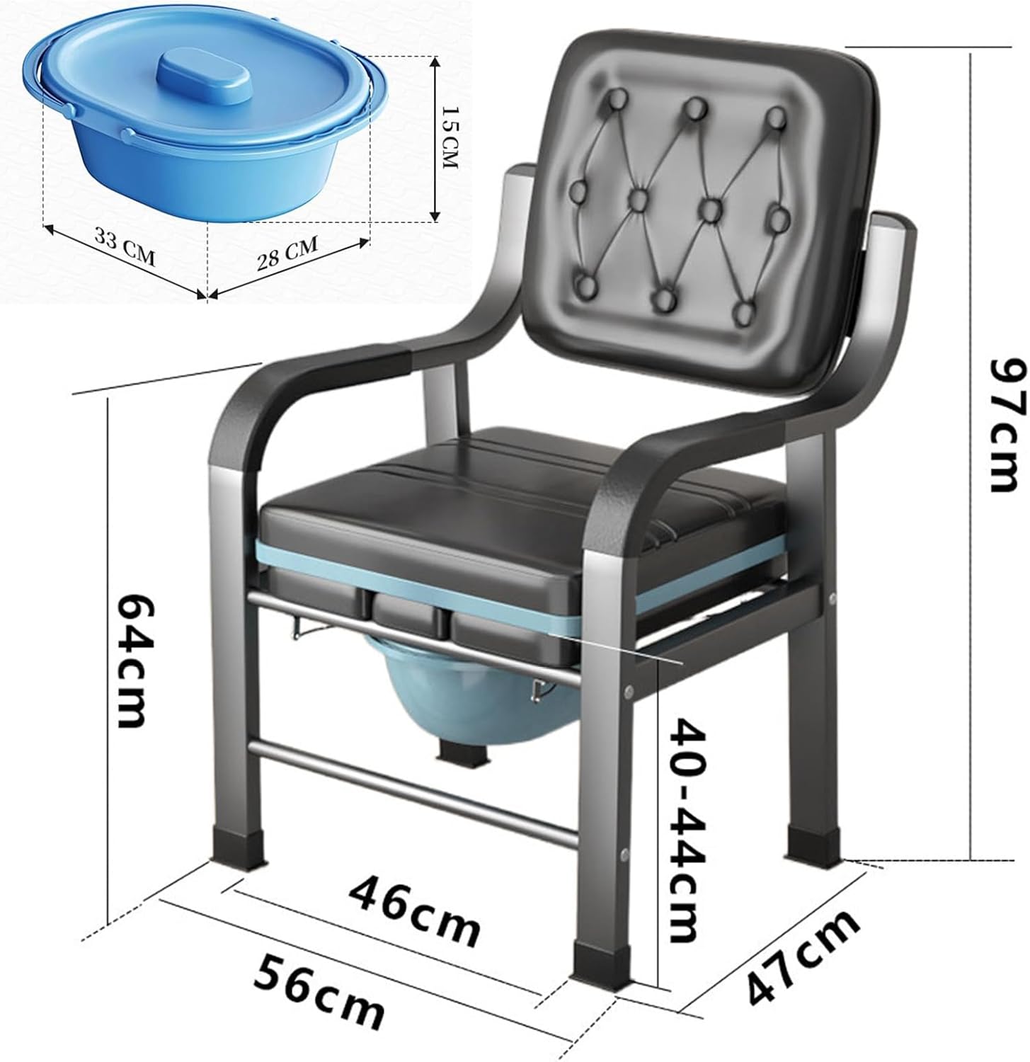 Bedside Commode Chair, Elderly Mobile Toilet Stool, Adjustable Height Bedside Commodes for Seniors, Pregnant Women, with Padded Backrest, Arm Support