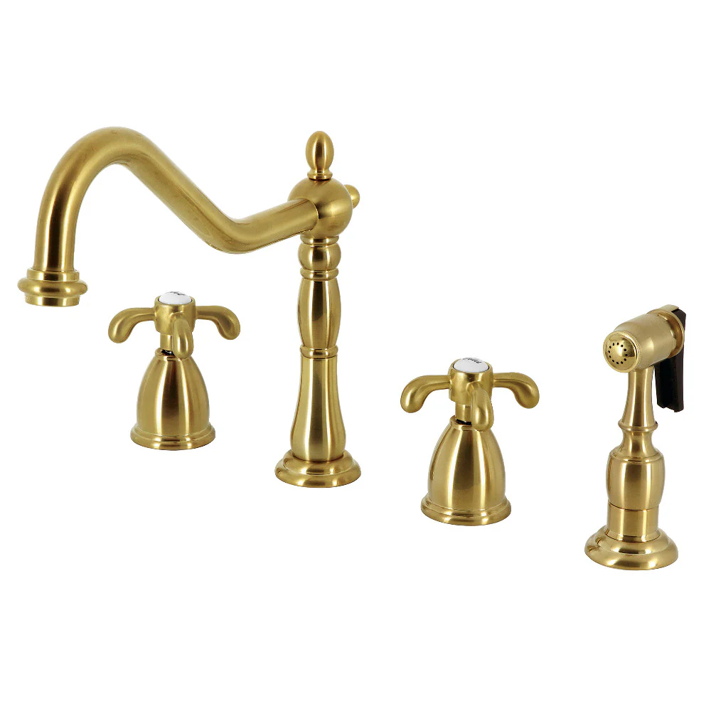 Kingston Brass French Country Double-Handle Widespread Kitchen Faucet with Brass Sprayer, Brushed Brass (KB1797TXBS)