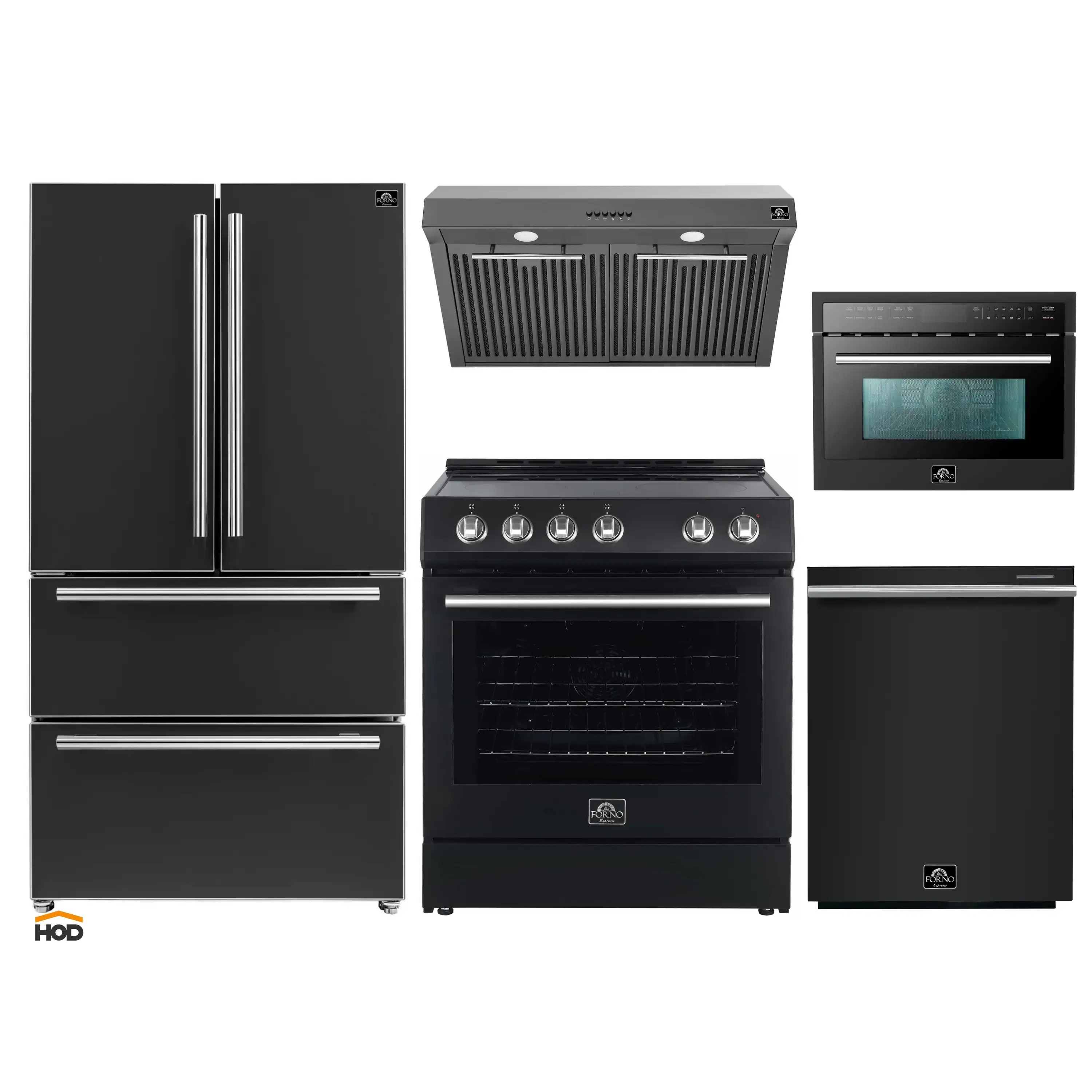 Forno 5-Piece Appliance Package - 30-Inch Electric Range, Under Cabinet Range Hood, Refrigerator, Dishwasher, and 24-Inch Microwave Oven in Black with Stainless Steel Trim