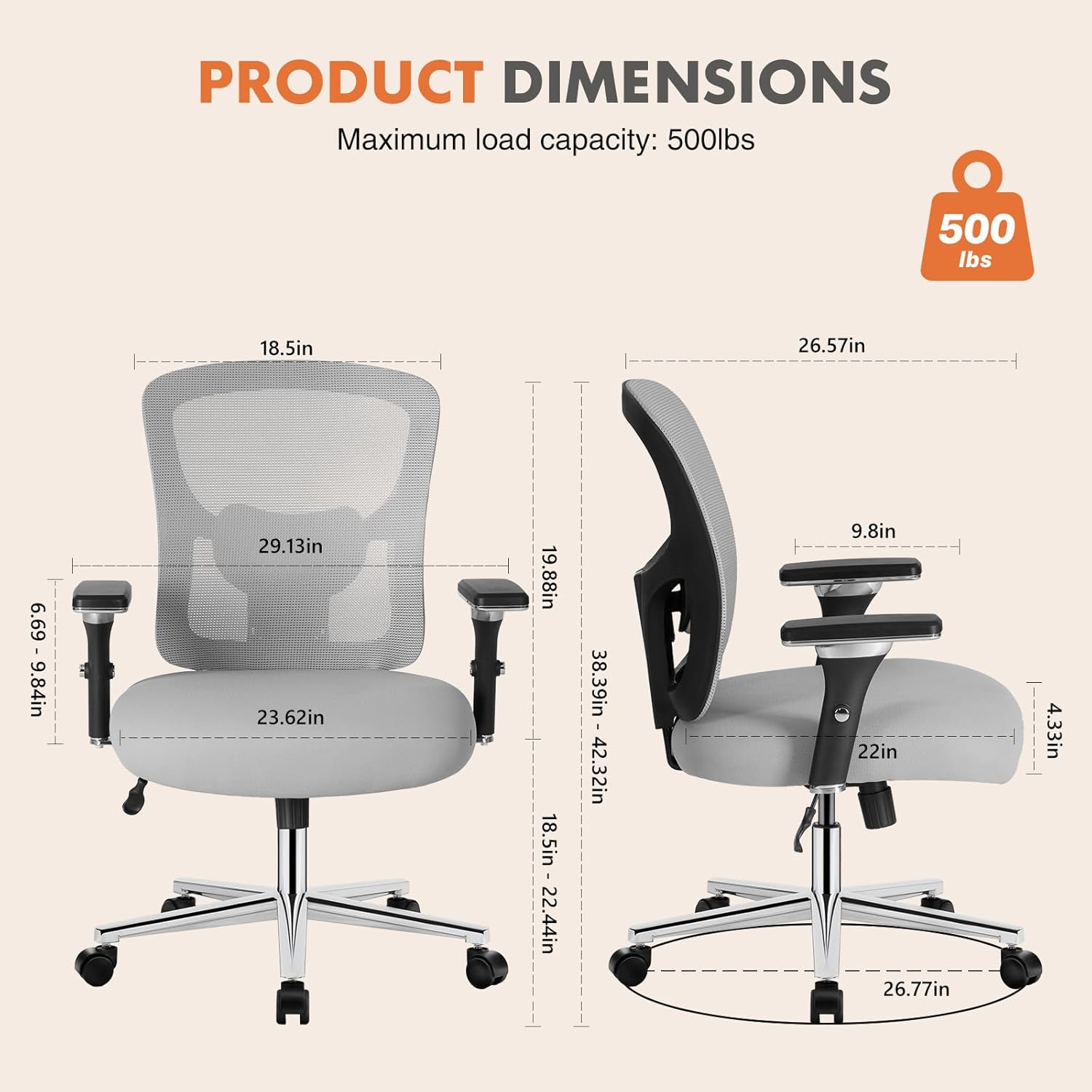 Sweetcrispy Big and Tall Office Desk Chair with Lumbar Support, 500lbs Heavy Duty Mesh Ergonomic Computer Chair with 4D Armrest and Wide Comfy Seat, Wheels for Adult