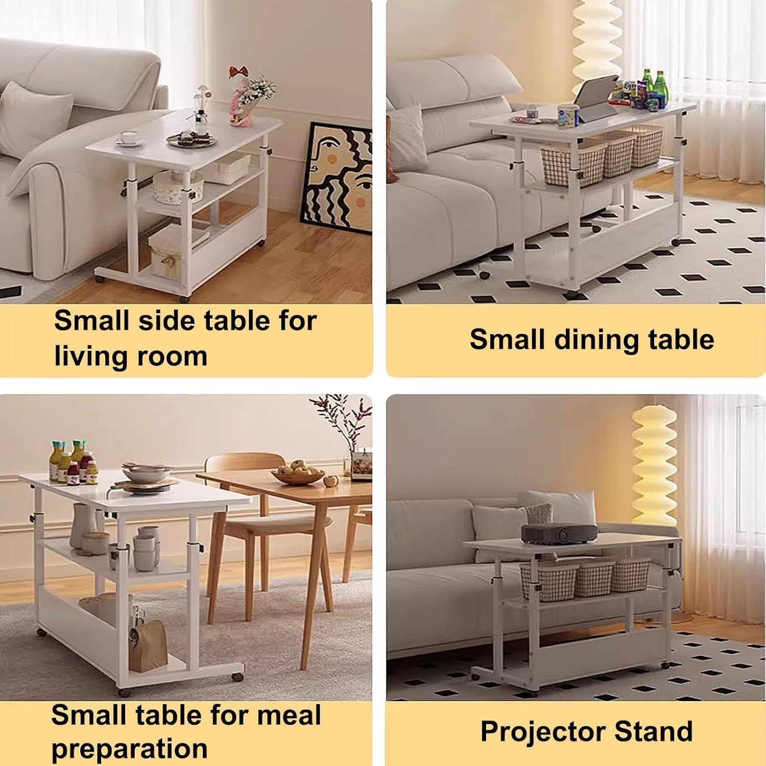 Over Bed Table with Wheels Adjustable Height Artificial Board Overbed Table, Removable Lift Bedside Table, Multi Tier Storage, Suitable for Home, Office, Hospital(White,80x50x60cm)