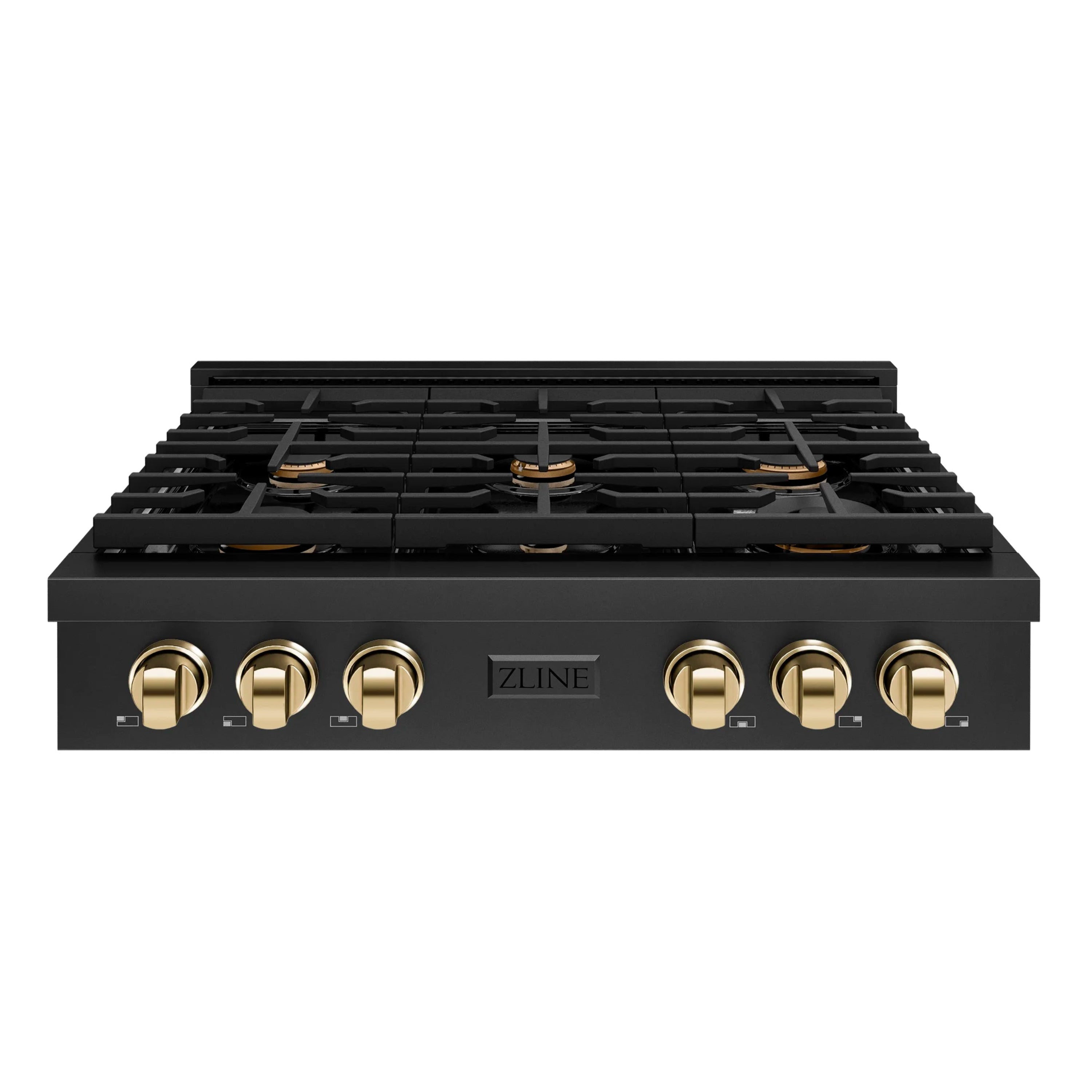 ZLINE Autograph Edition 36-Inch Paramount Gas Rangetop with 6 Burners and Porcelain Cooktop in Black Stainless Steel with Polished Gold Accents (SRTBZ-36-G)