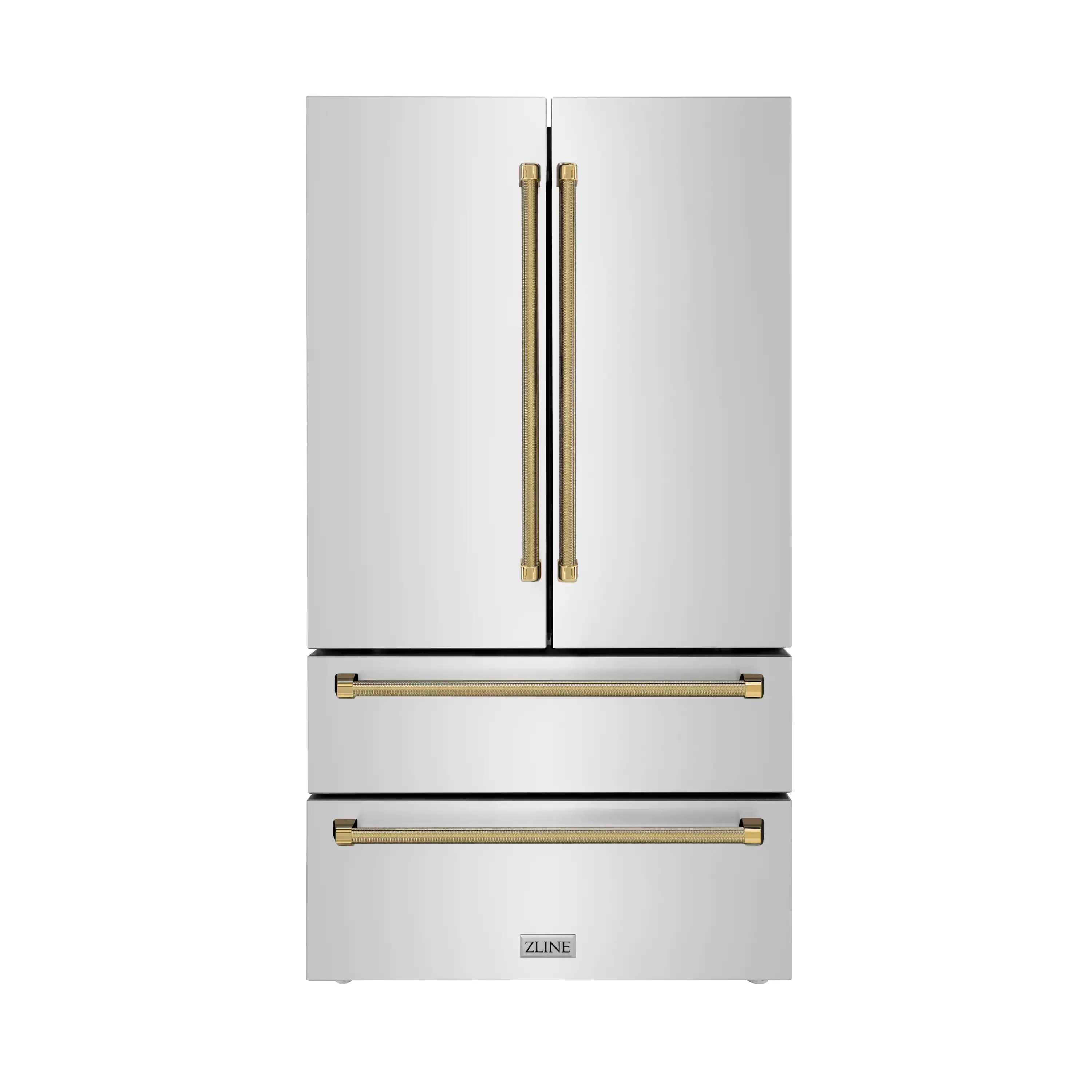 ZLINE Autograph 36-Inch Counter-Depth Refrigerator in Stainless Steel and Gold Helix Handles (RFMZ-36-KG)